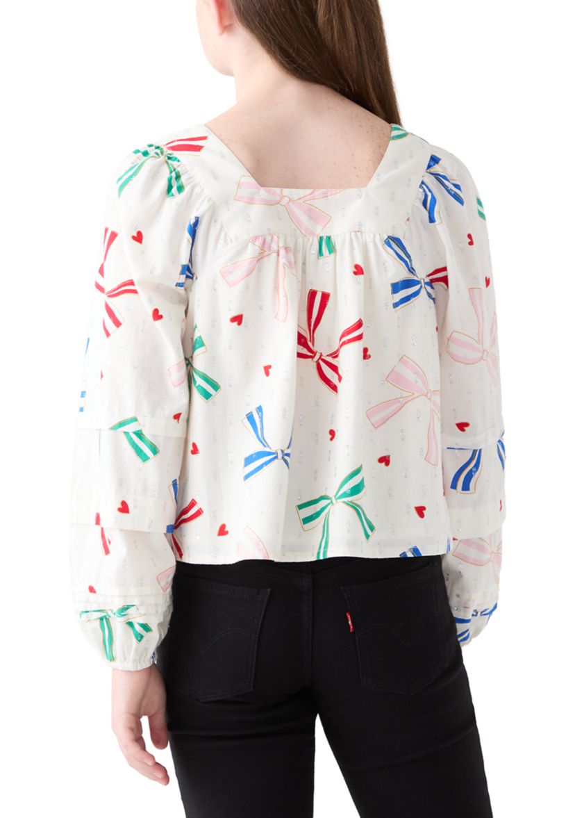 Girls 7-17 Balloon Sleeve Square Neck Bow Print Top 