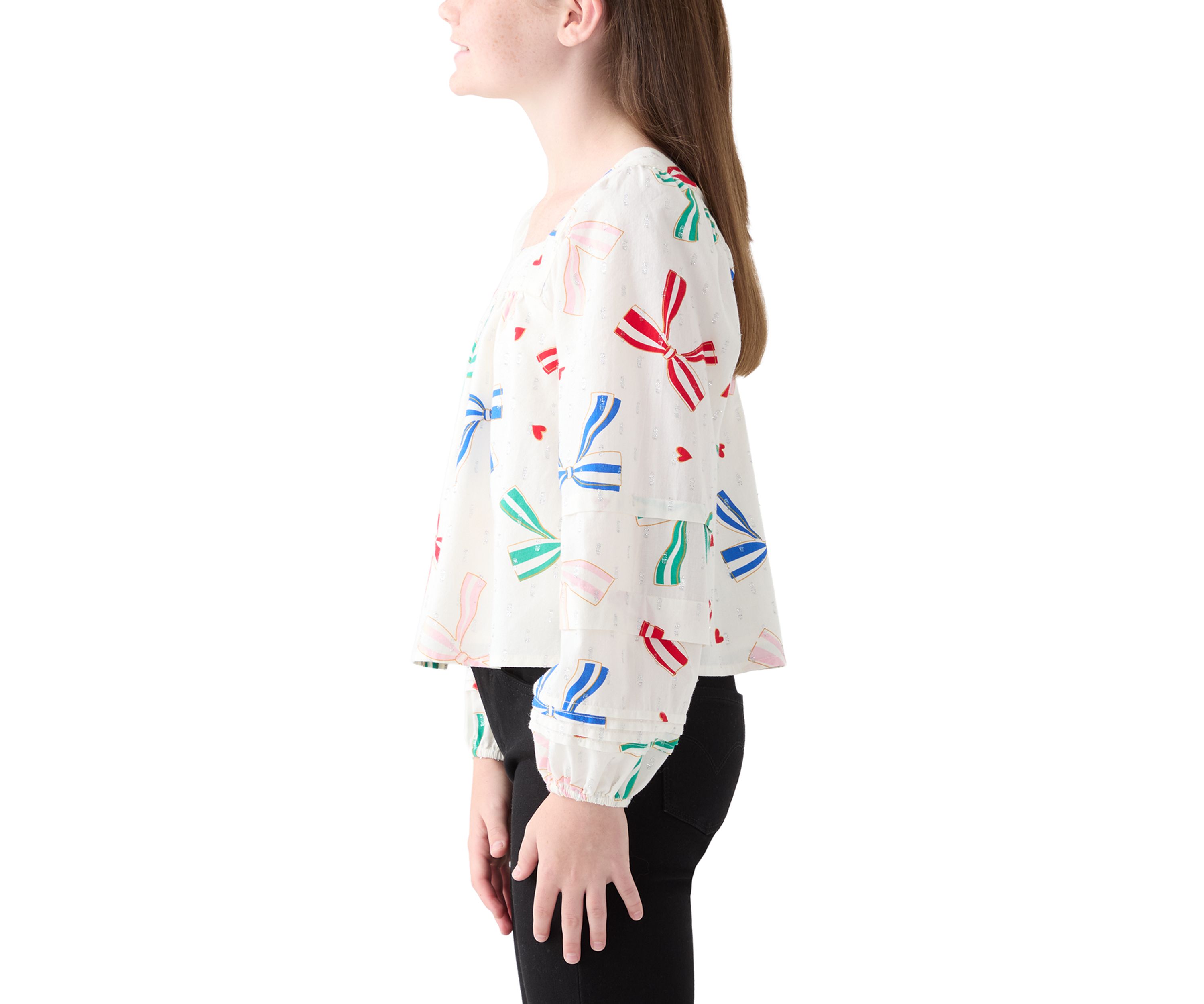 Girls 7-17 Balloon Sleeve Square Neck Bow Print Top 