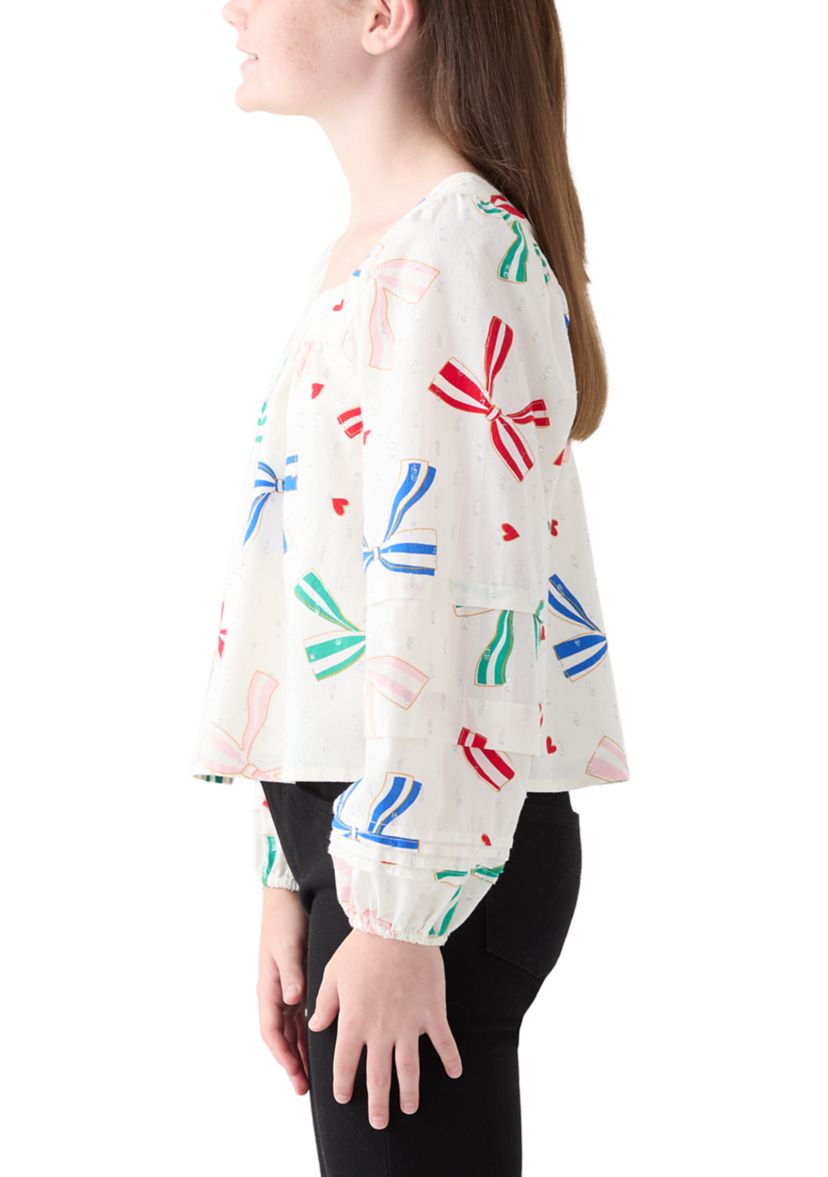Girls 7-17 Balloon Sleeve Square Neck Bow Print Top 
