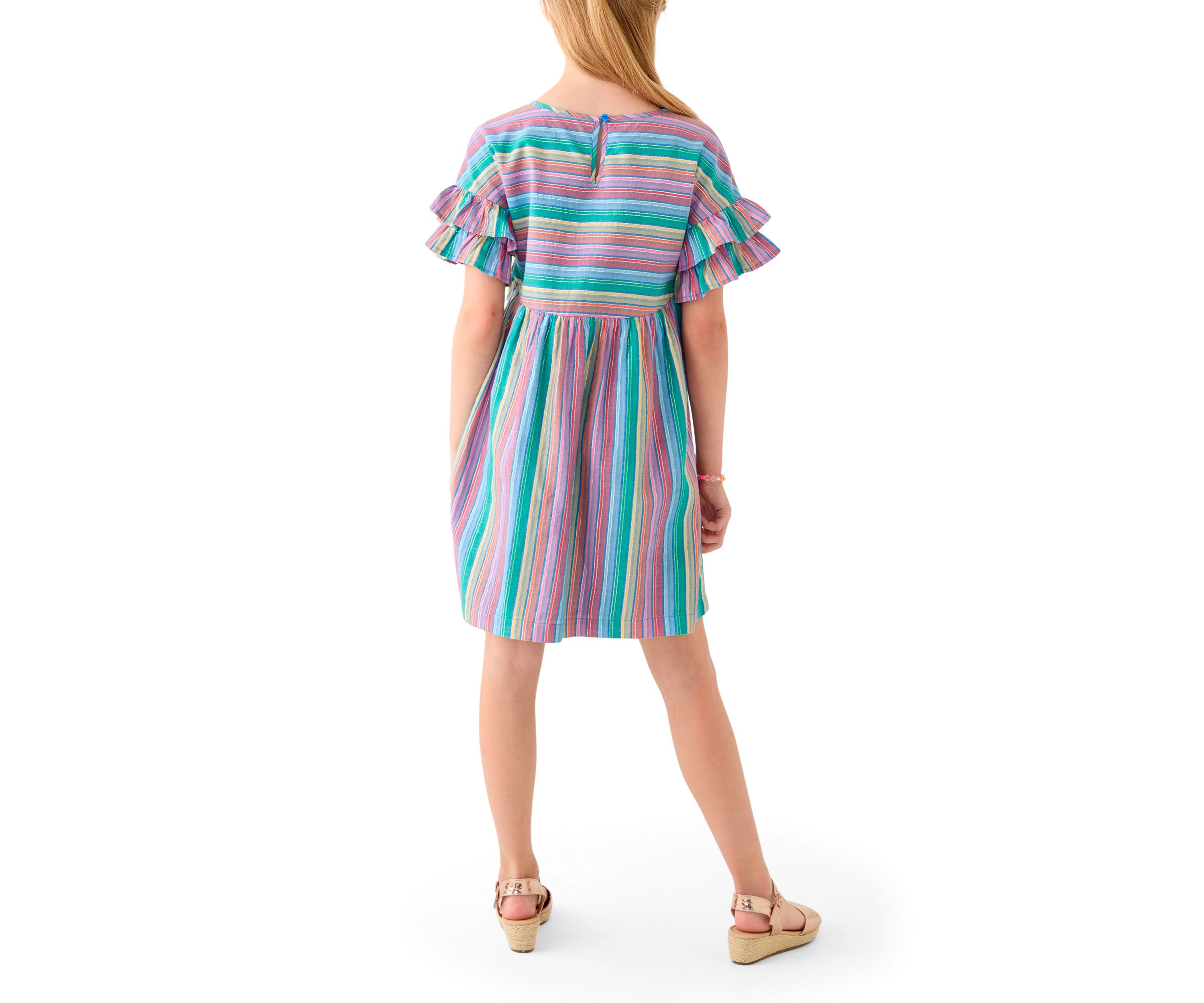 Girls 7-16 Yarn Dyed Stripe Ruffle Sleeve Dress