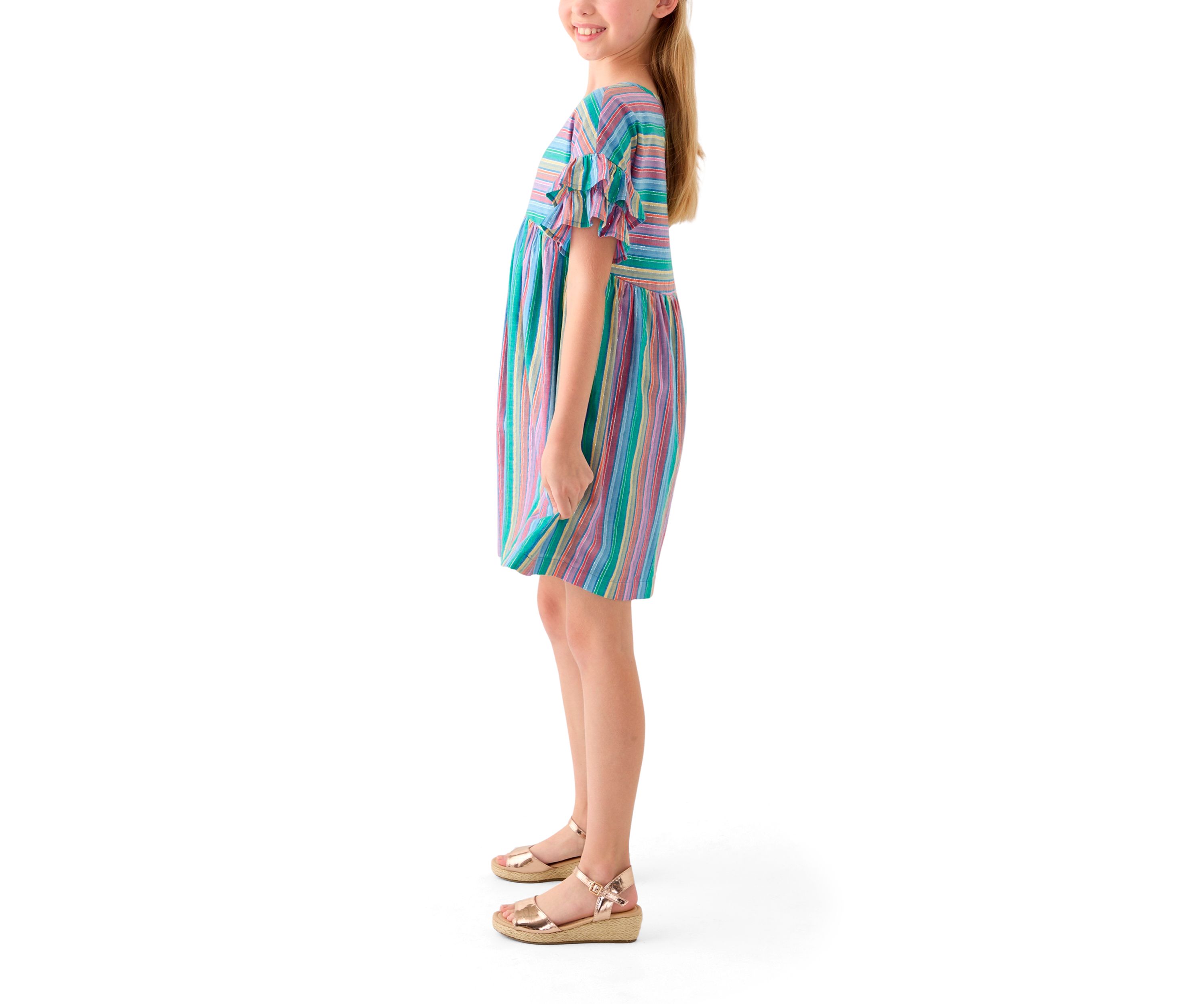 Girls 7-16 Yarn Dyed Stripe Ruffle Sleeve Dress