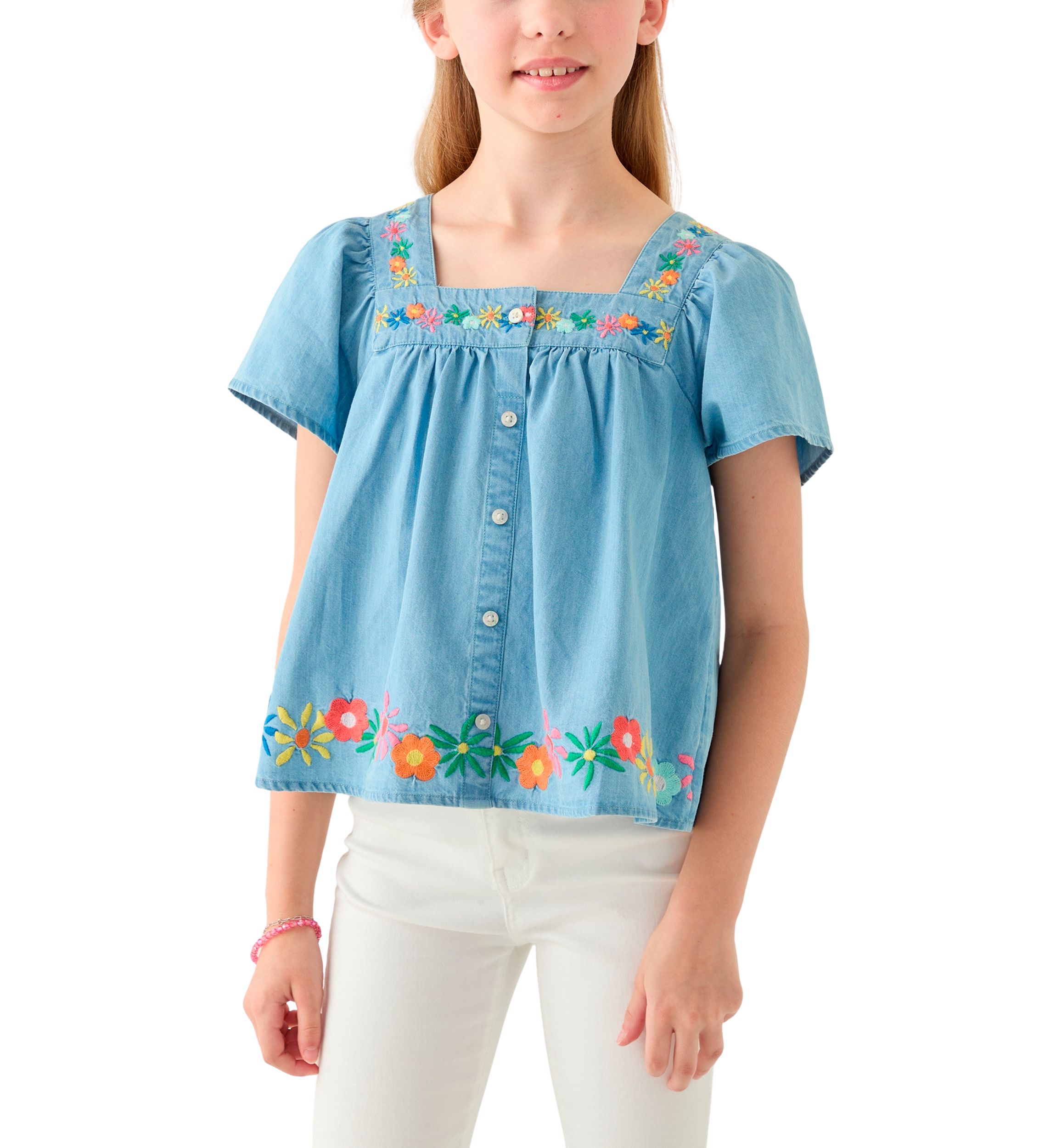 Girls 7-16 Short Sleeve Chambray Button Front Embroidered Top