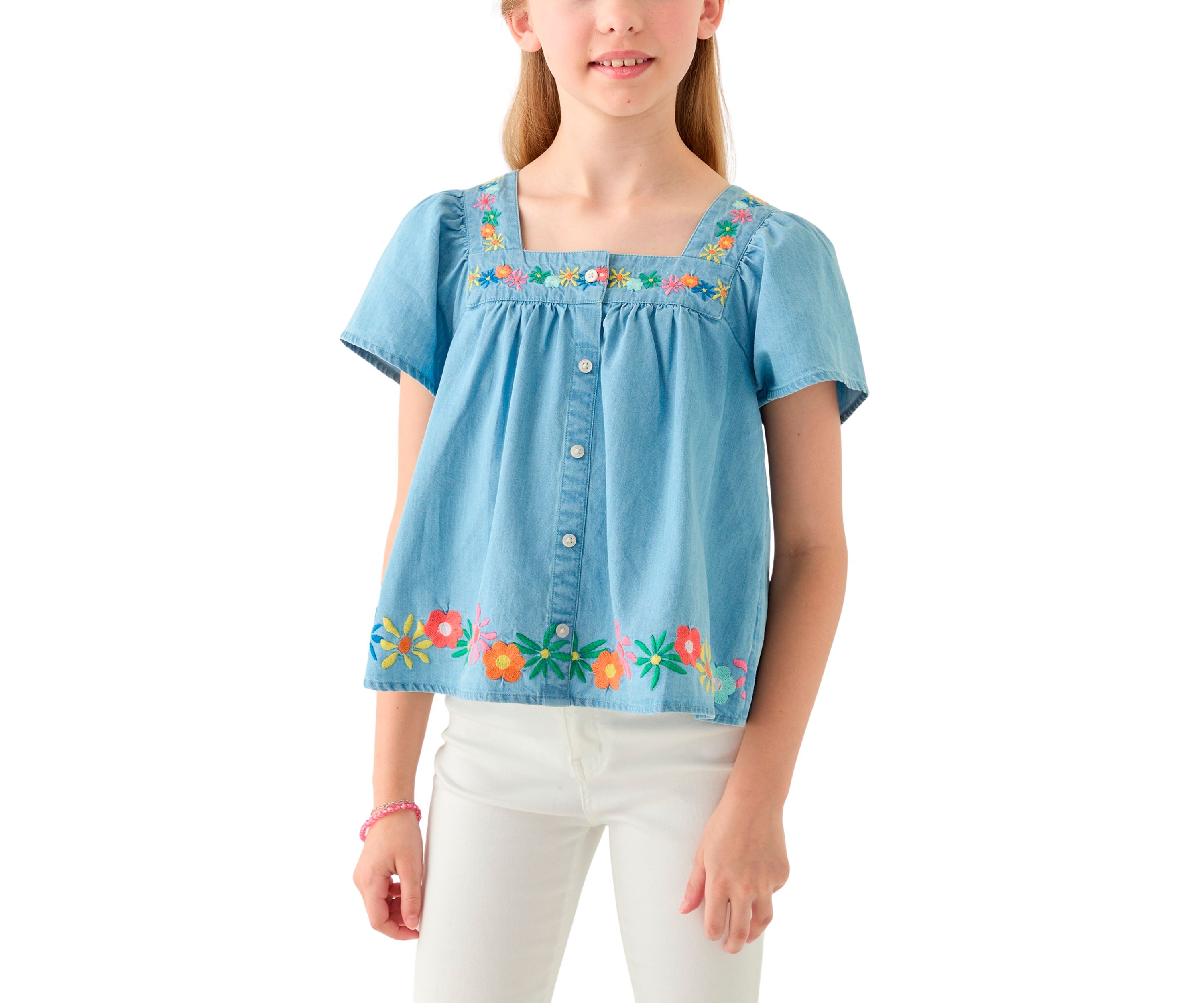 Girls 7-16 Short Sleeve Chambray Button Front Embroidered Top