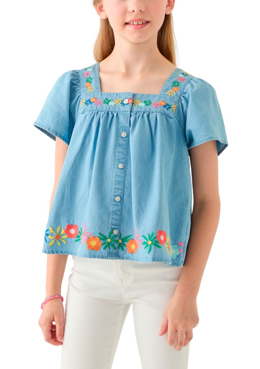 Girls 7-16 Short Sleeve Chambray Button Front Embroidered Top