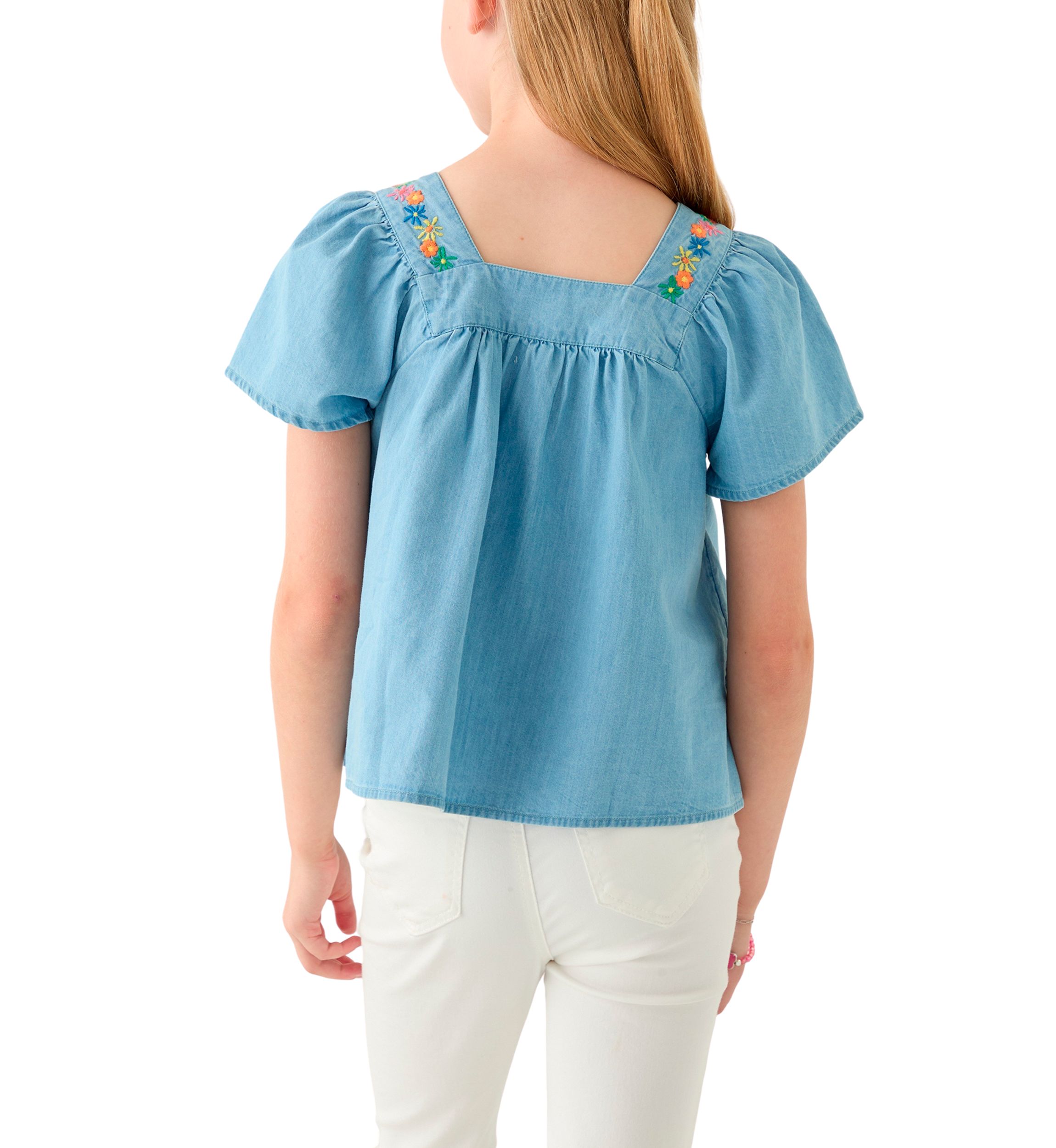 Girls 7-16 Short Sleeve Chambray Button Front Embroidered Top