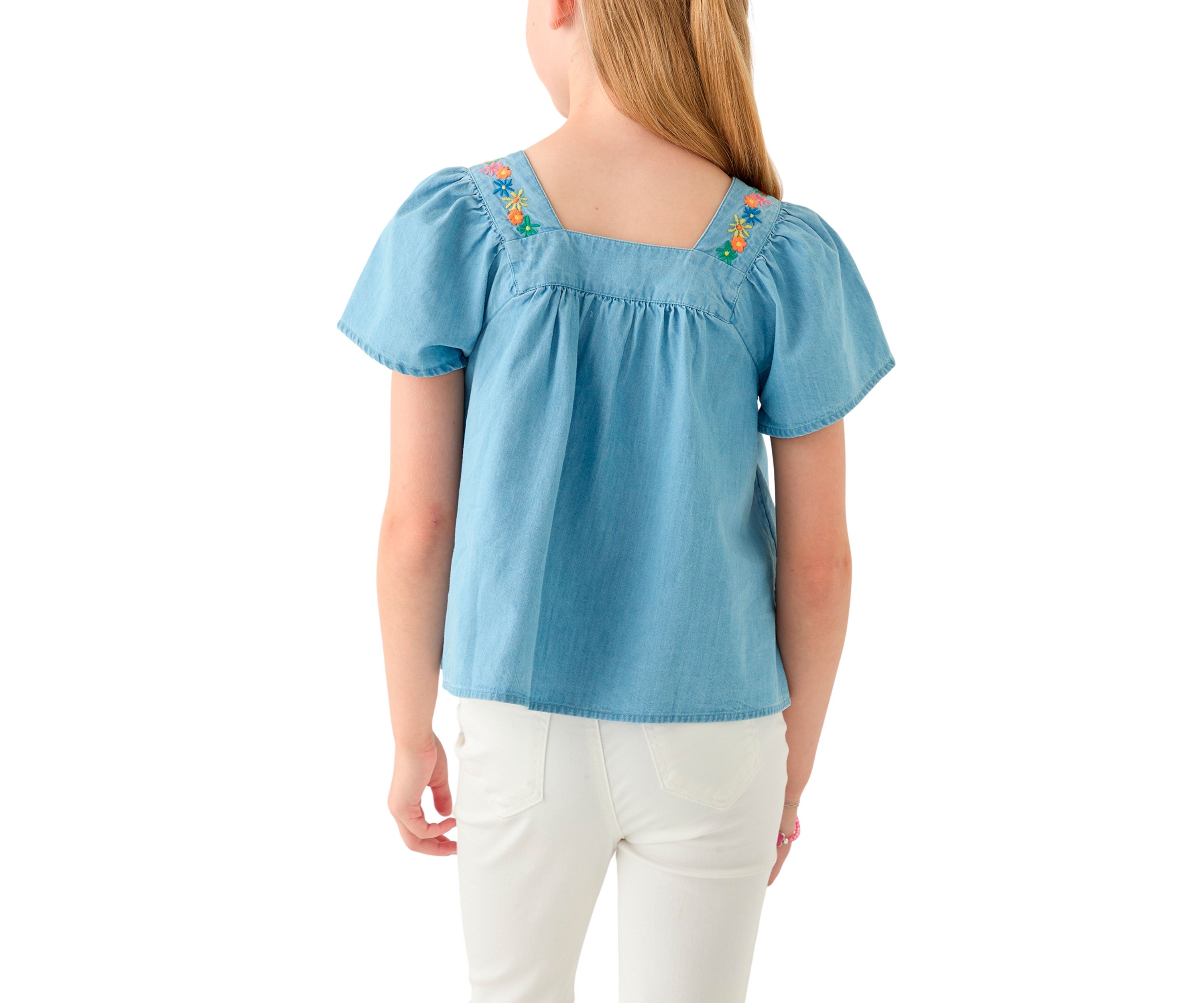 Girls 7-16 Short Sleeve Chambray Button Front Embroidered Top