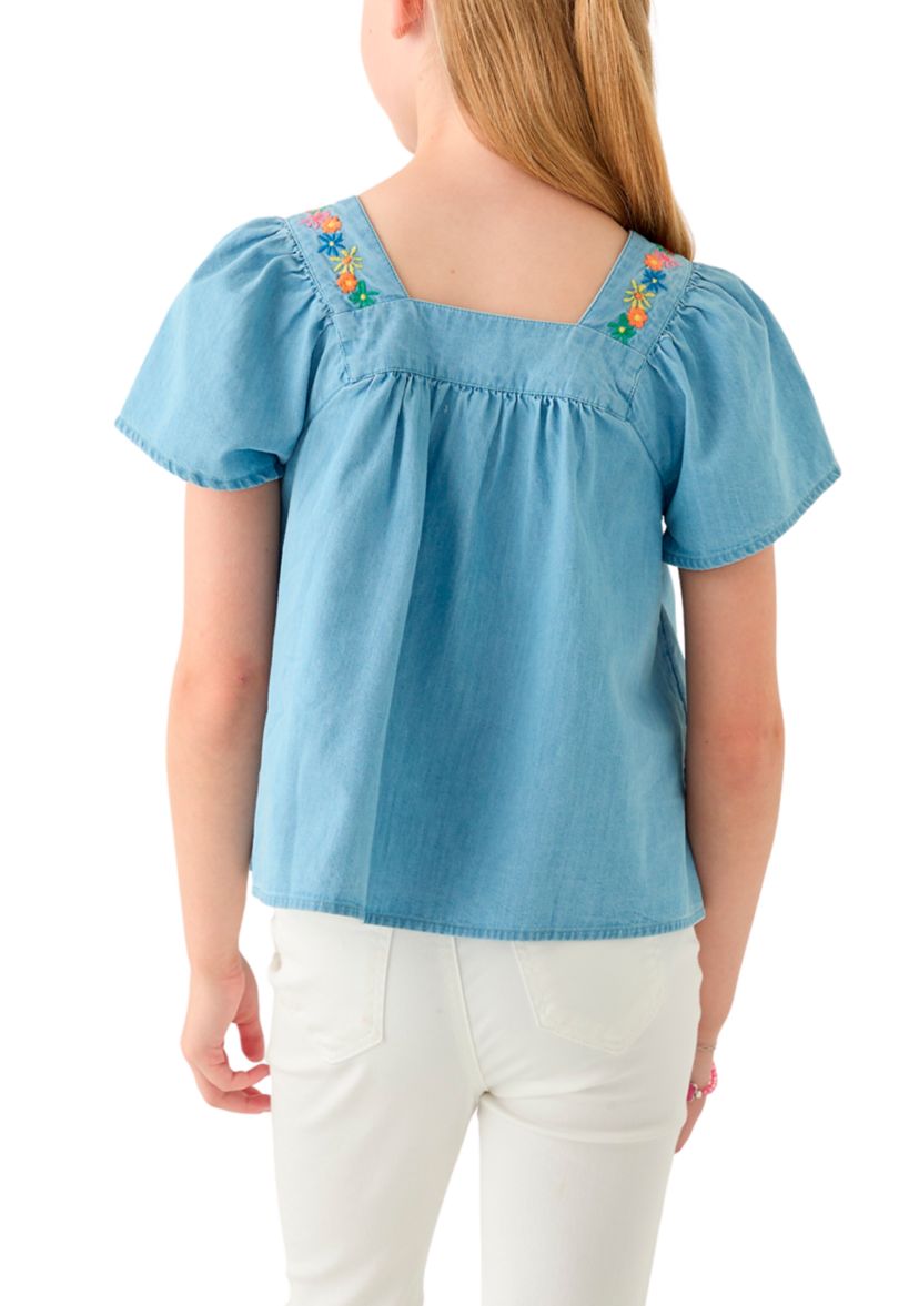 Girls 7-16 Short Sleeve Chambray Button Front Embroidered Top