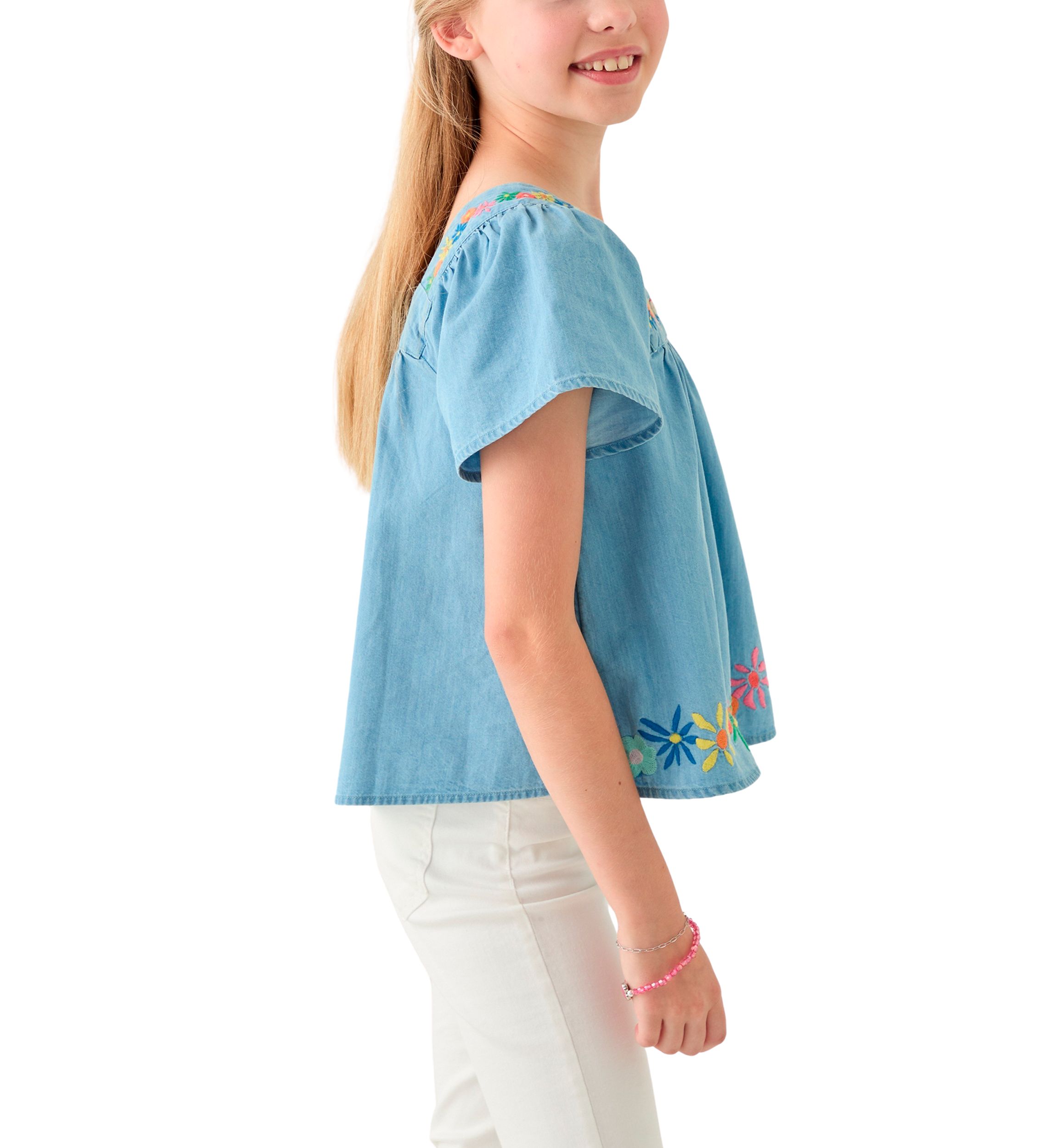 Girls 7-16 Short Sleeve Chambray Button Front Embroidered Top