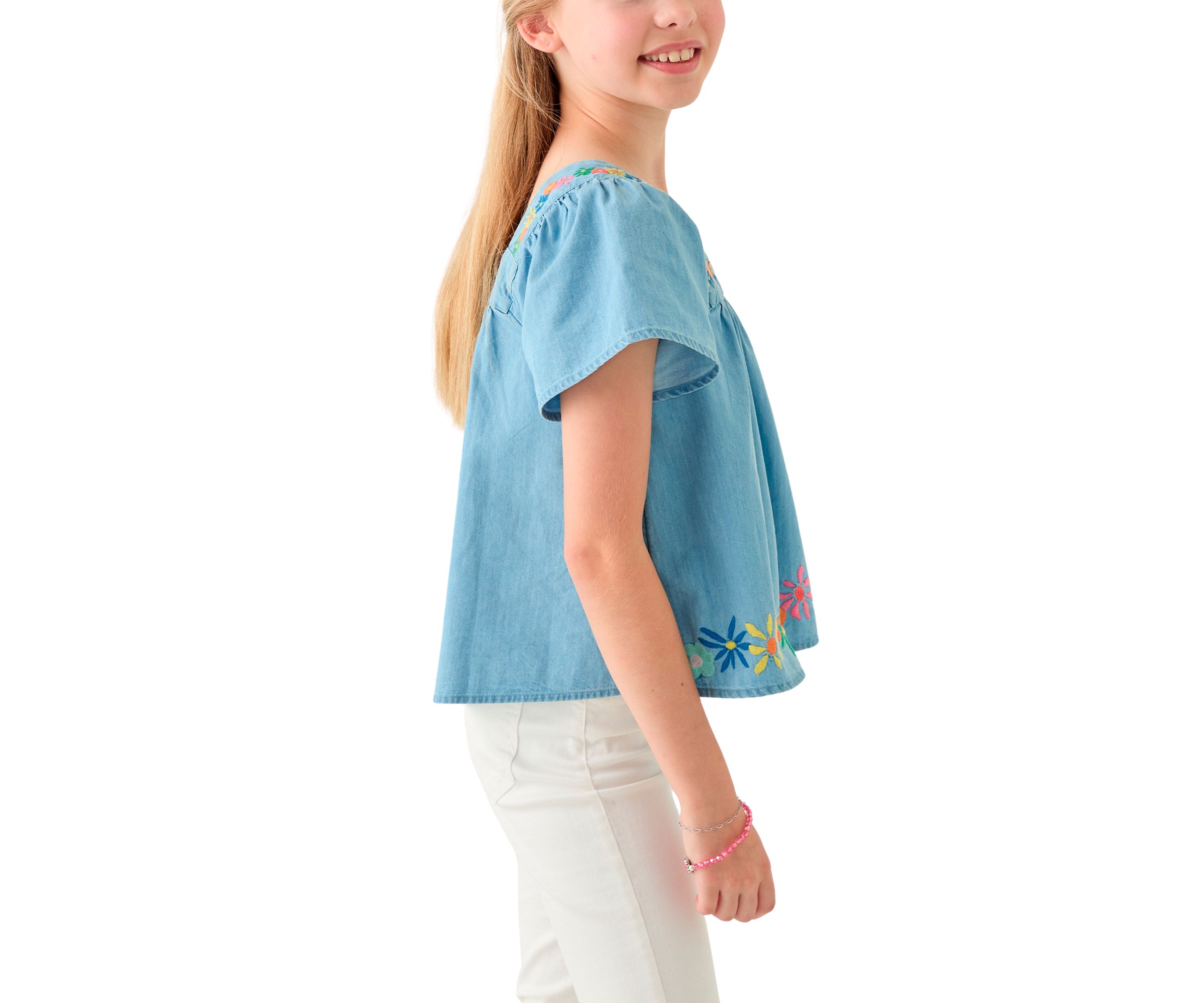 Girls 7-16 Short Sleeve Chambray Button Front Embroidered Top