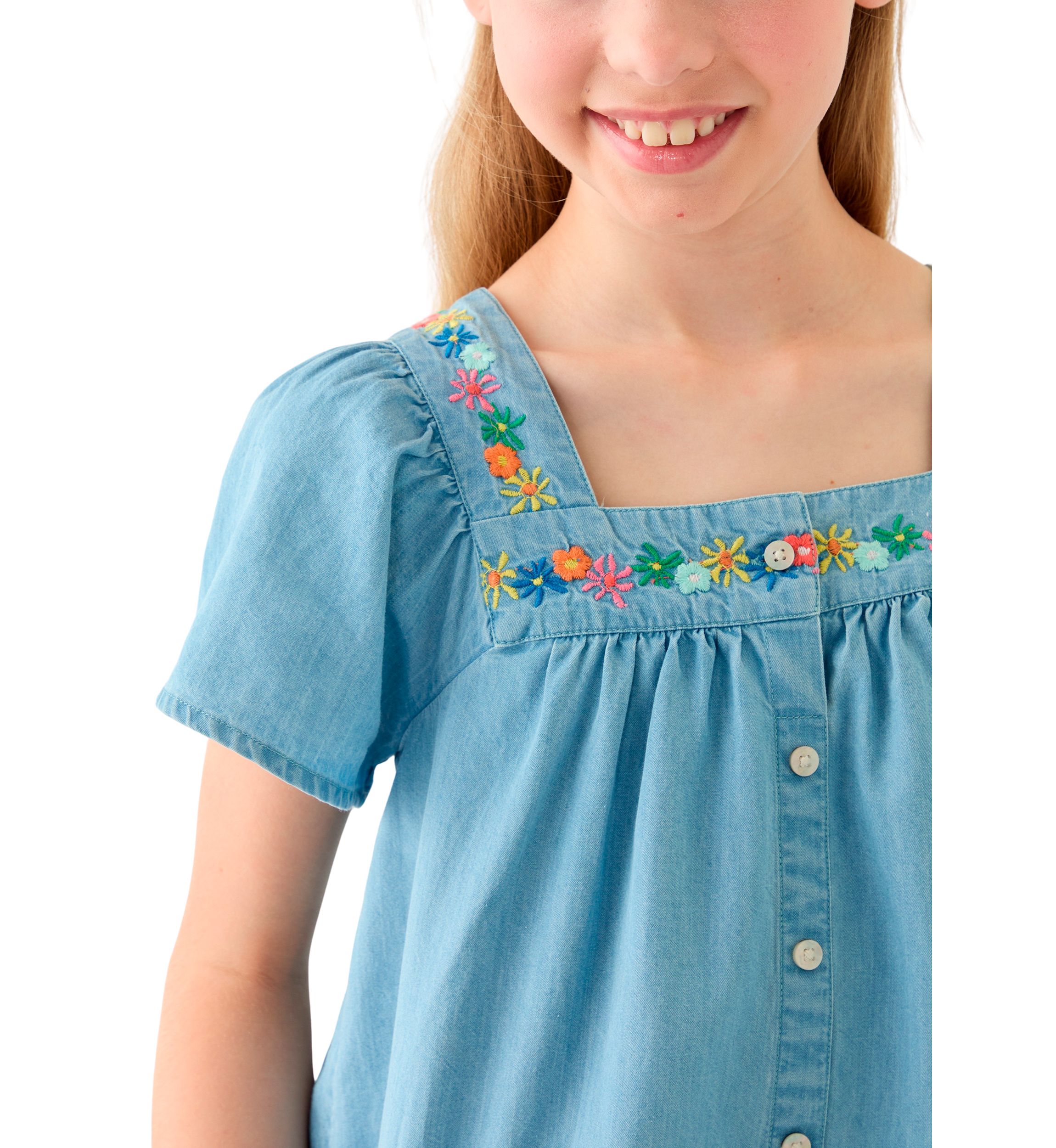 Girls 7-16 Short Sleeve Chambray Button Front Embroidered Top