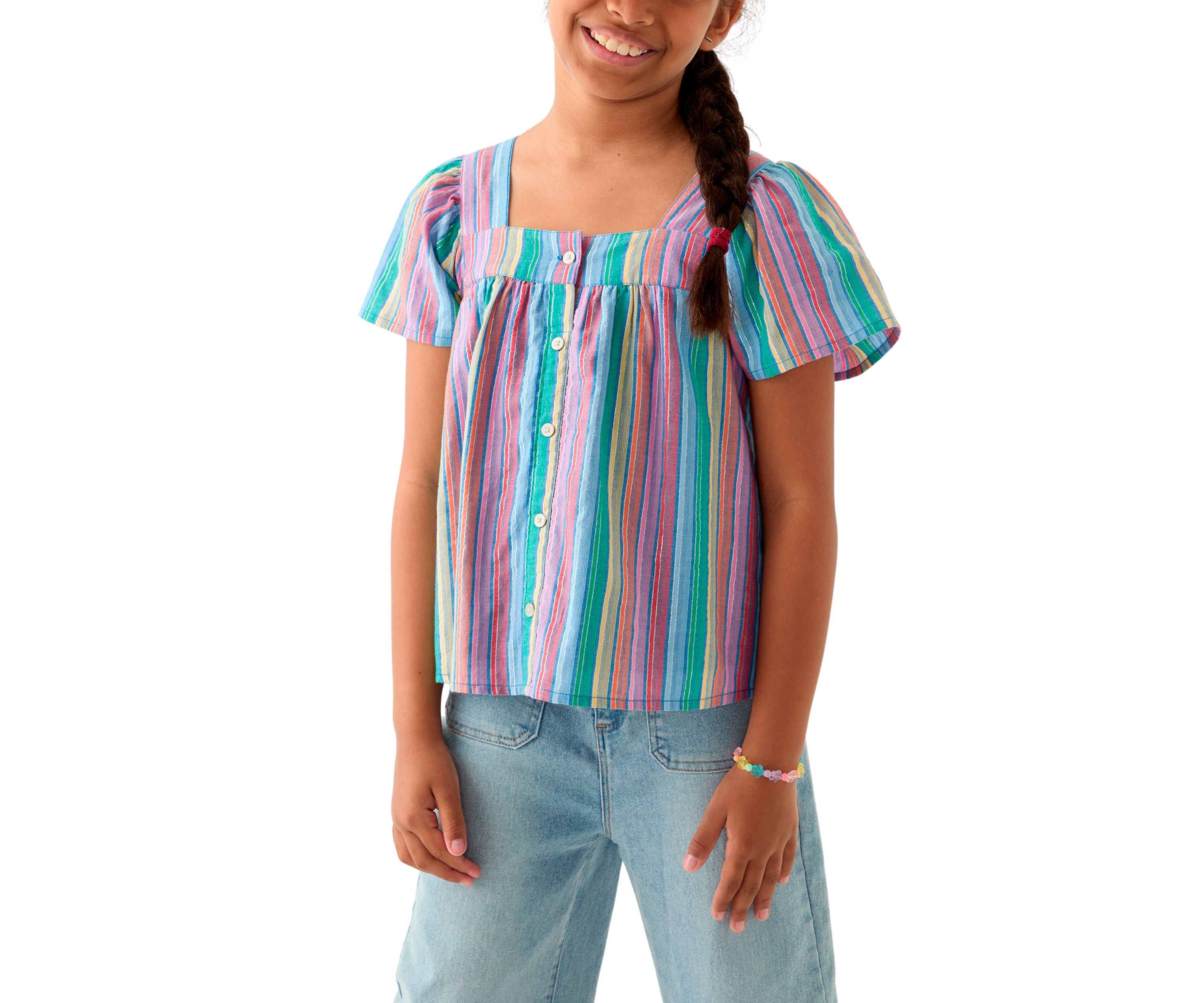 Girls 7-16 Yarn Dyed Lurex Stripe Button Front Top