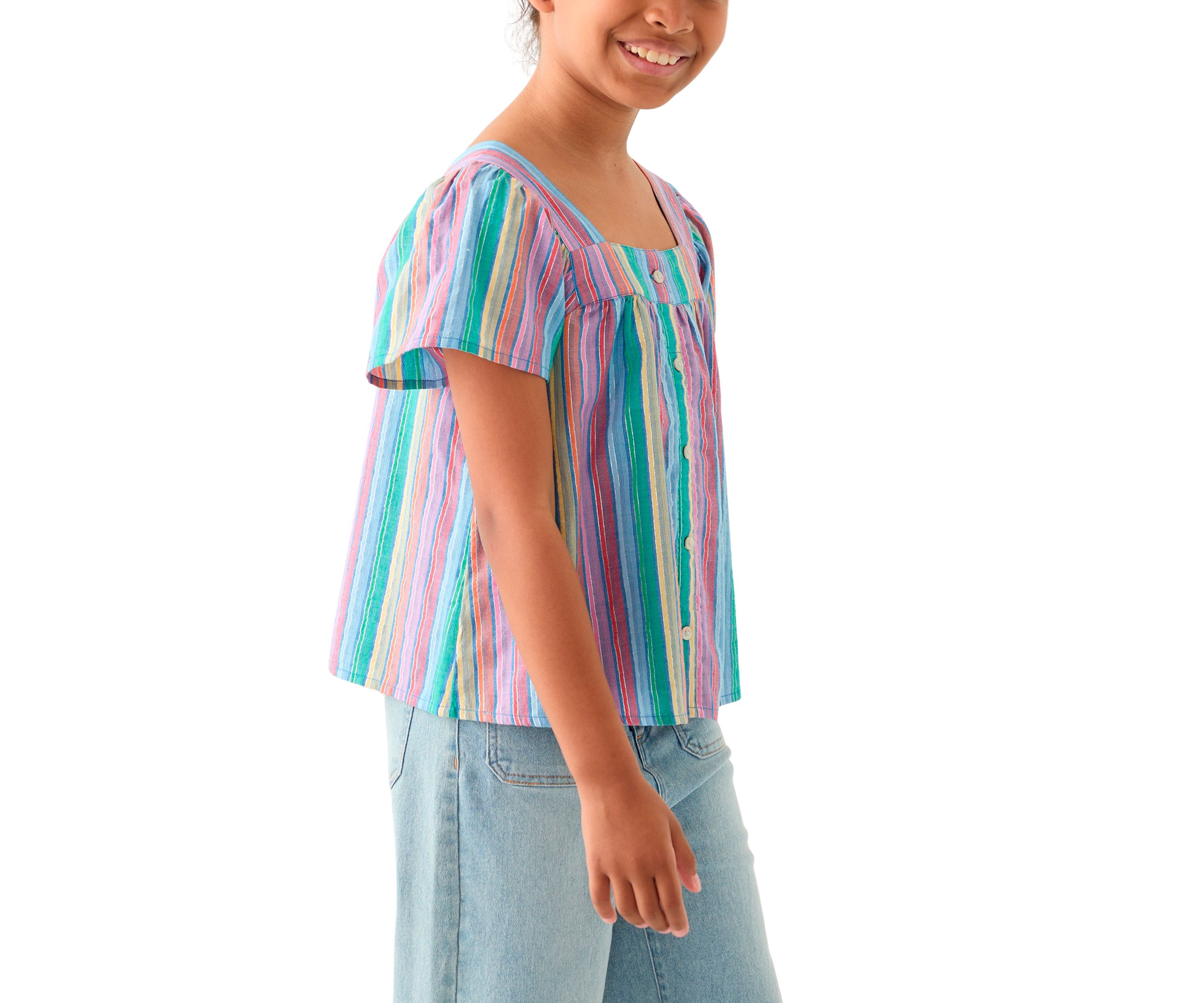 Girls 7-16 Yarn Dyed Lurex Stripe Button Front Top
