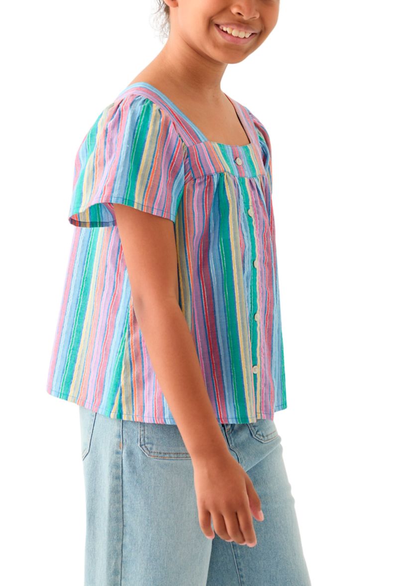 Girls 7-16 Yarn Dyed Lurex Stripe Button Front Top
