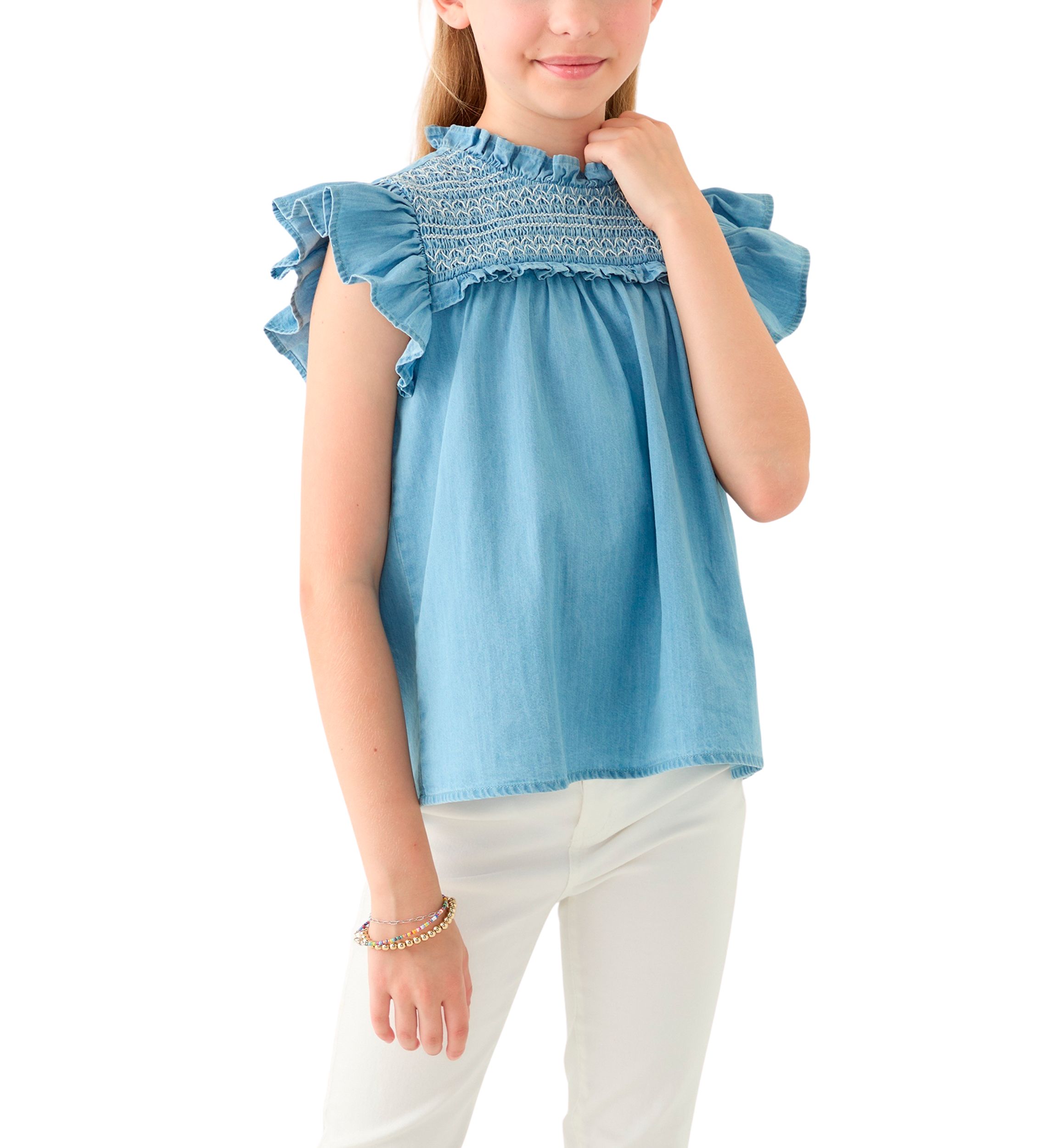 Girls 7-16 Chambray Ruffle Neck Top