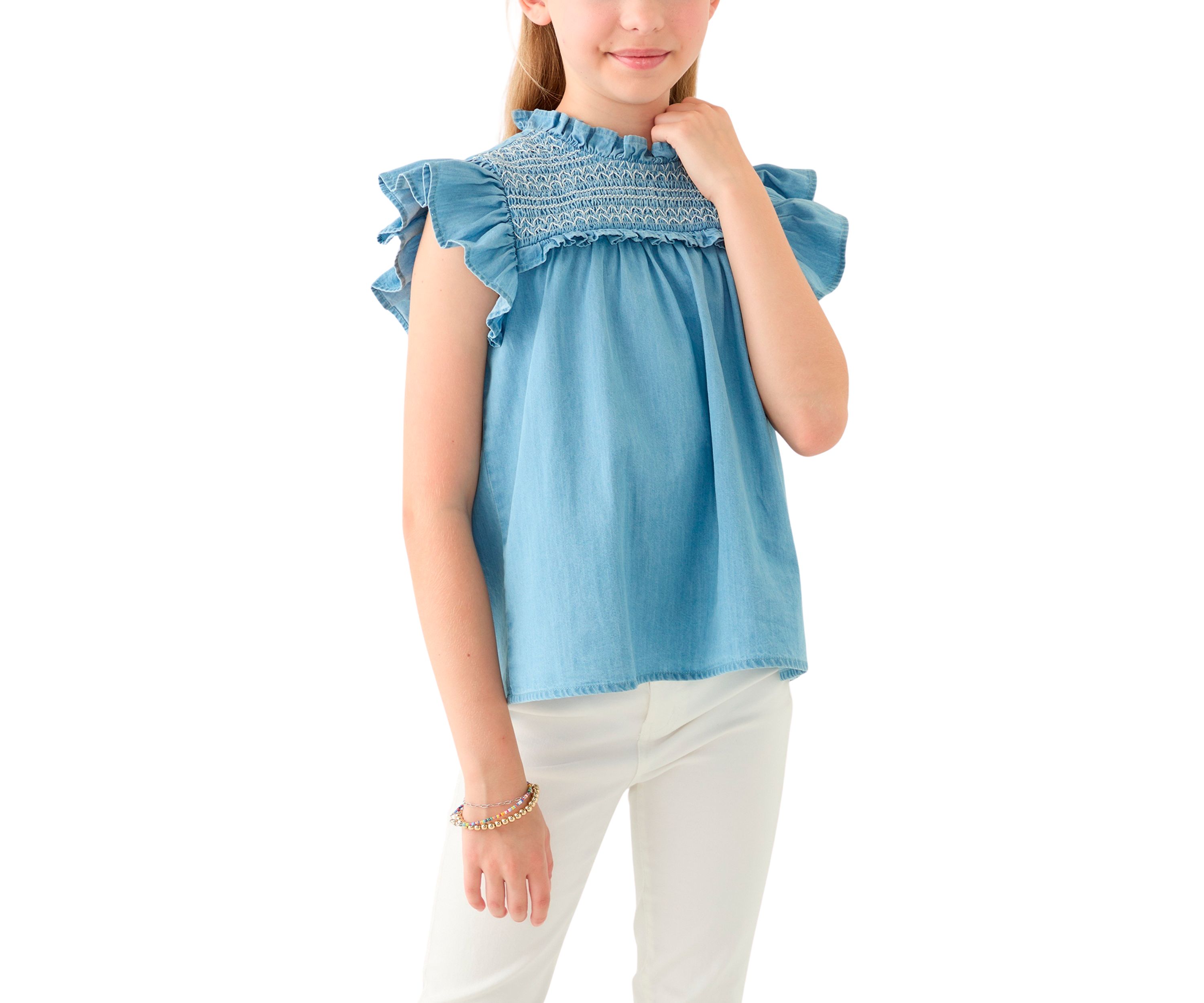Girls 7-16 Chambray Ruffle Neck Top