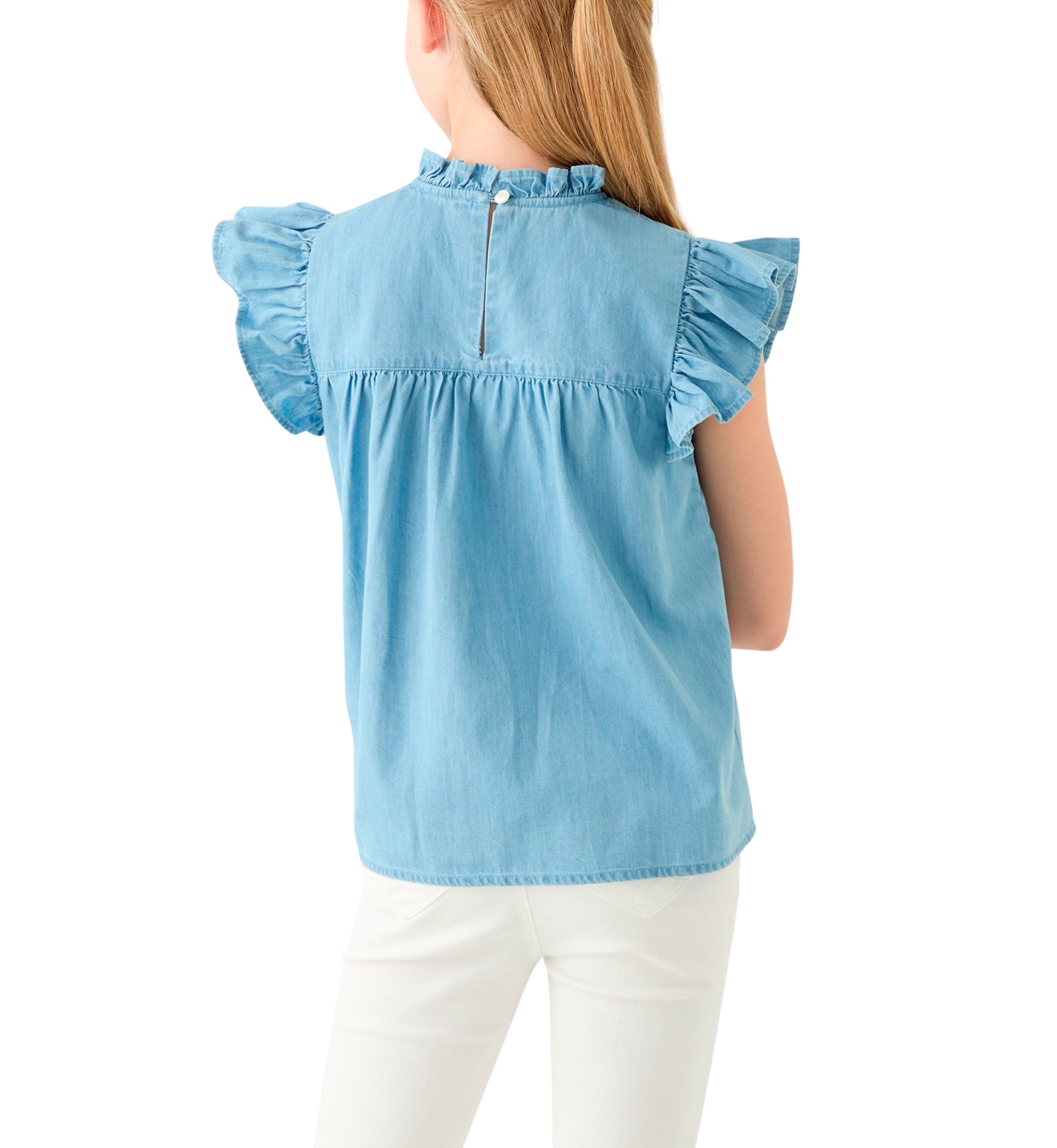 Girls 7-16 Chambray Ruffle Neck Top