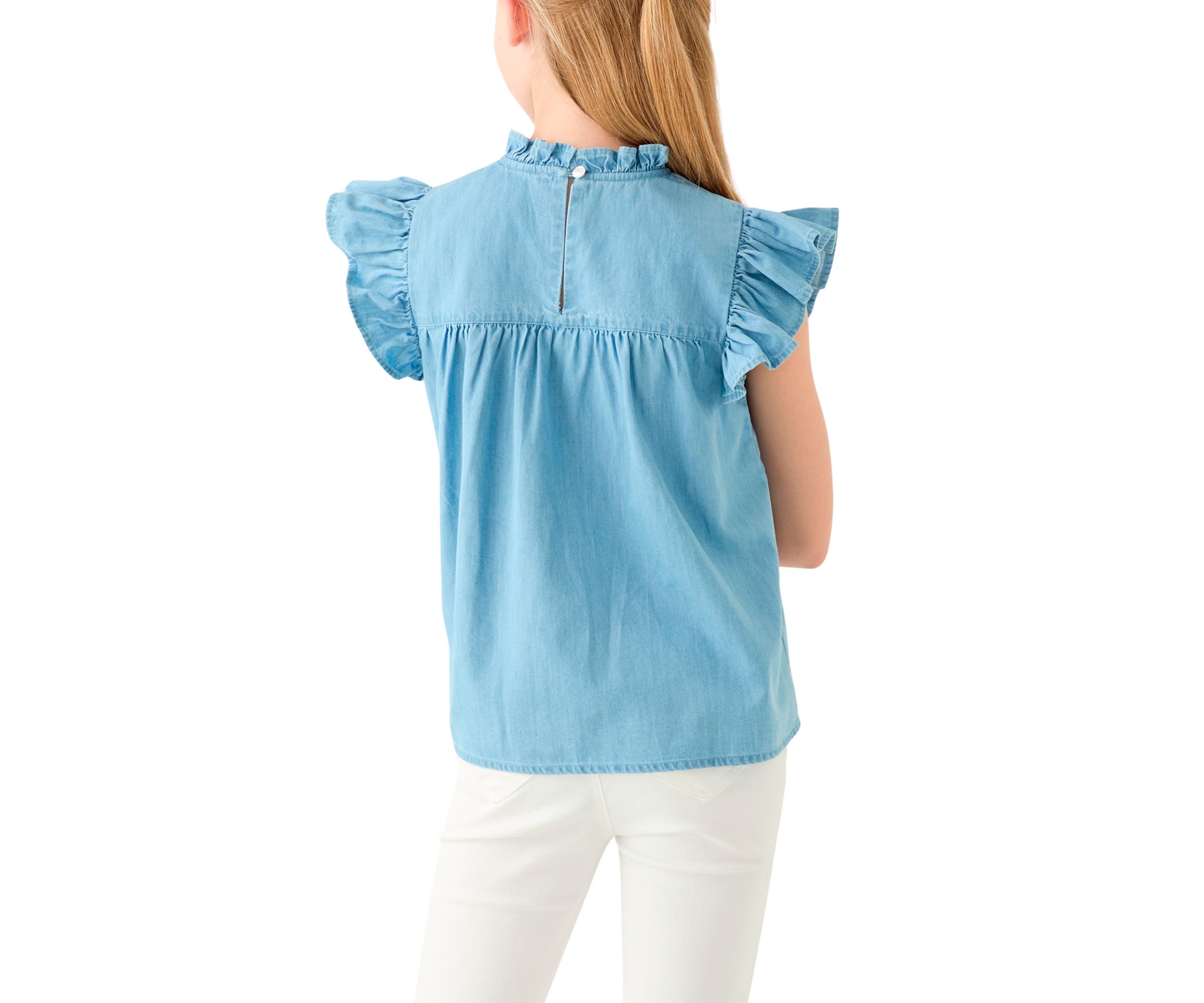 Girls 7-16 Chambray Ruffle Neck Top