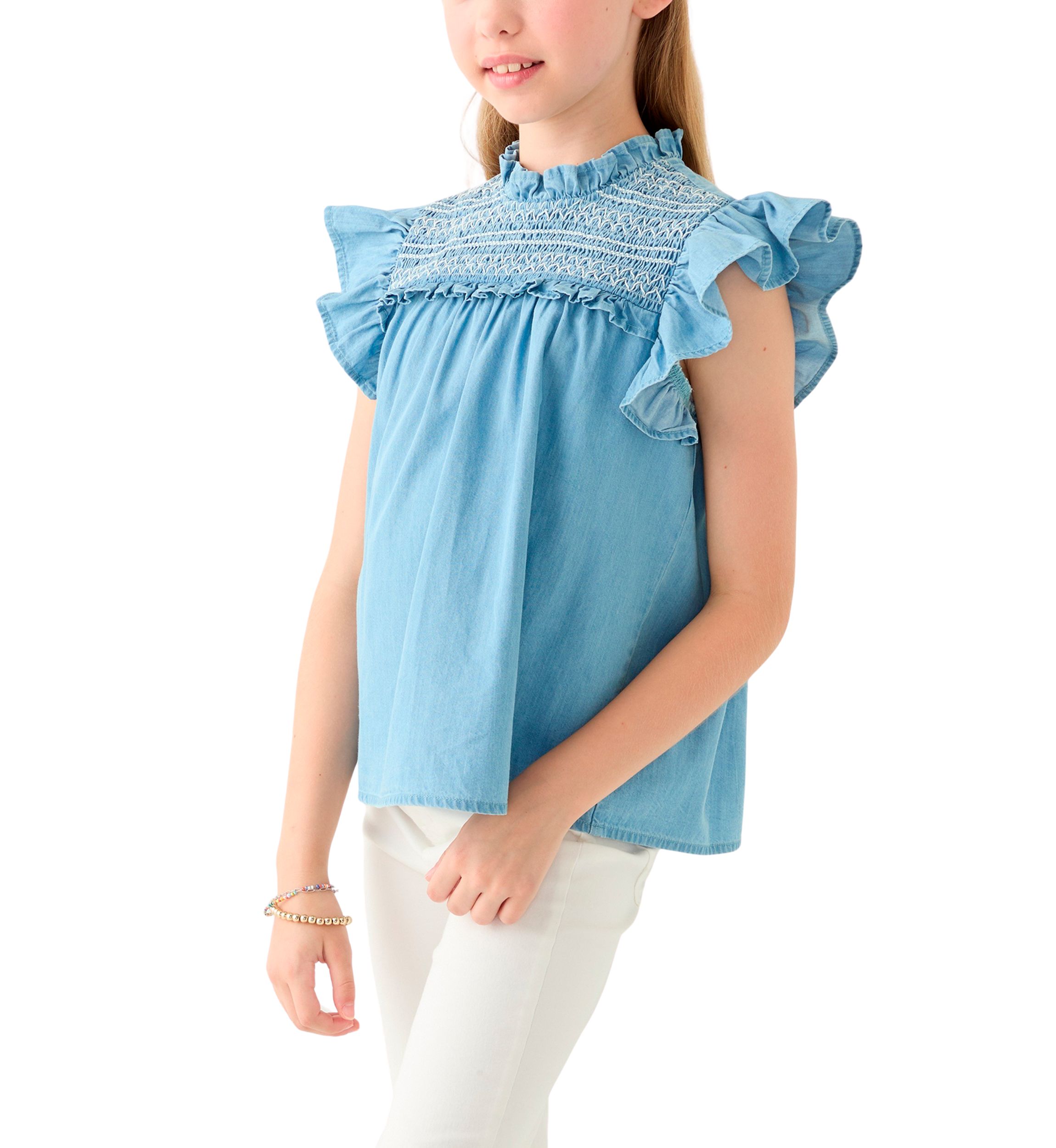 Girls 7-16 Chambray Ruffle Neck Top