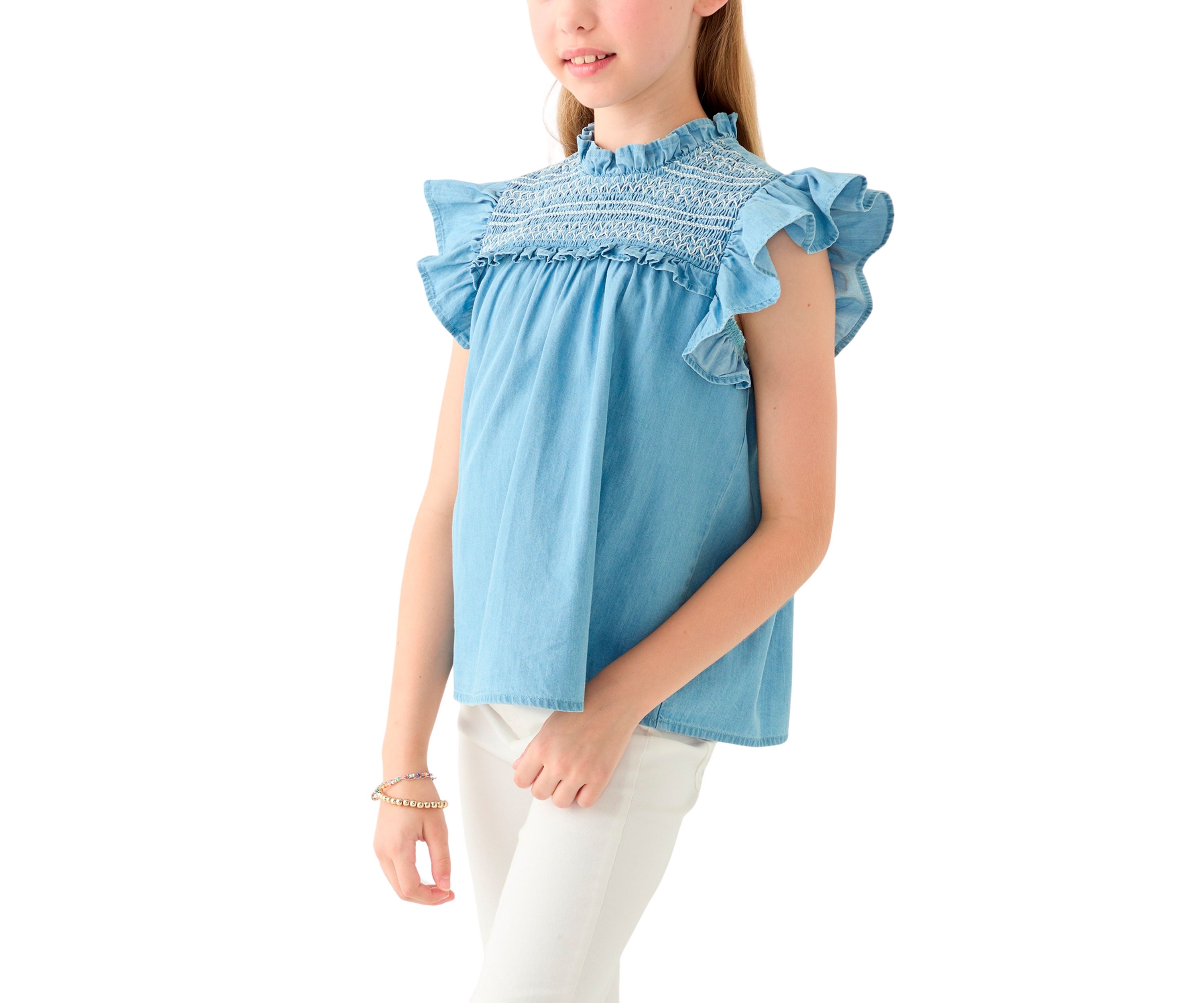 Girls 7-16 Chambray Ruffle Neck Top