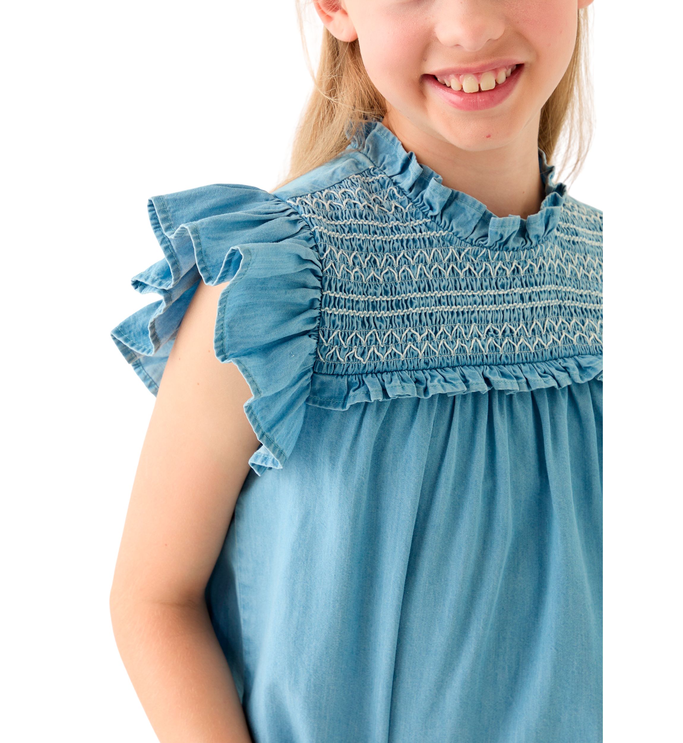 Girls 7-16 Chambray Ruffle Neck Top