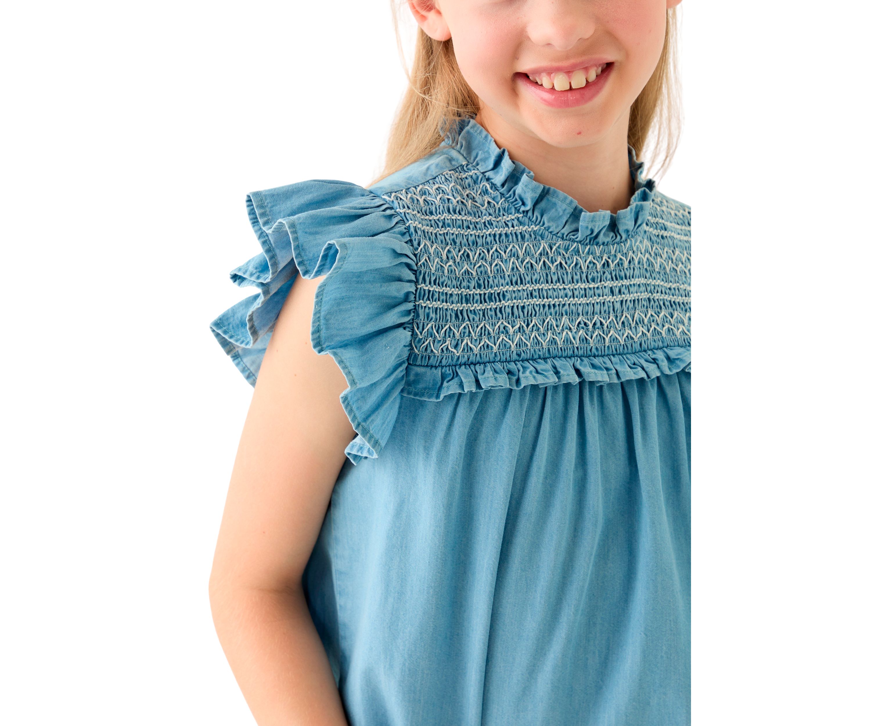 Girls 7-16 Chambray Ruffle Neck Top