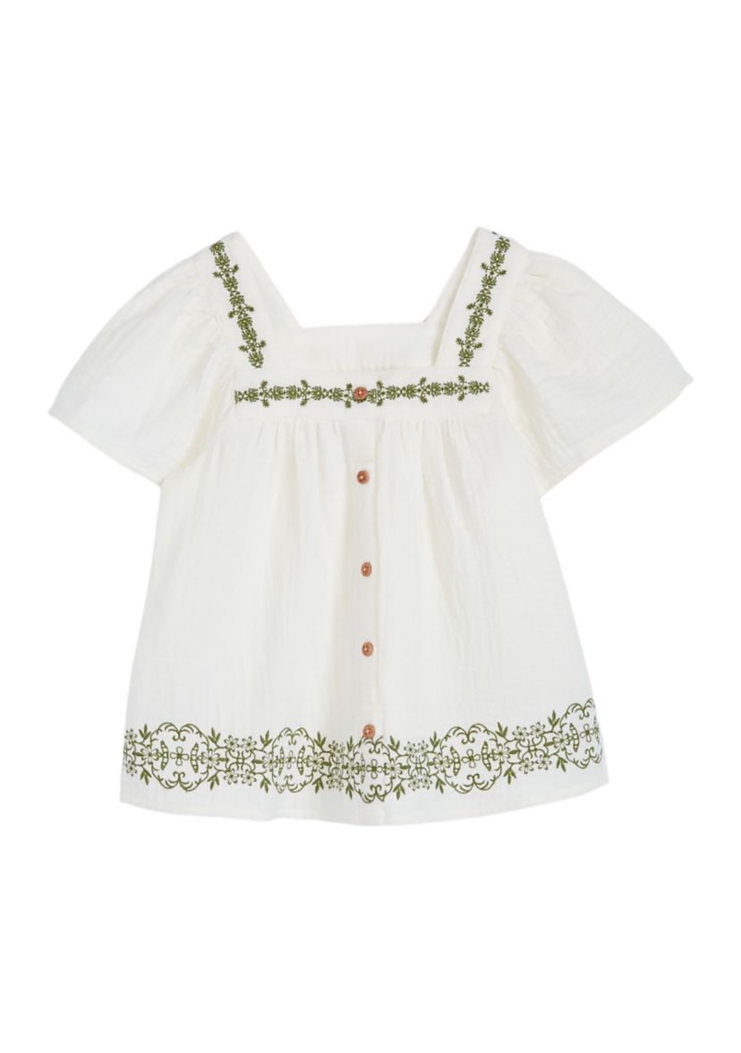 Girls 4-6x Short Sleeve Button Front Embroidered Top