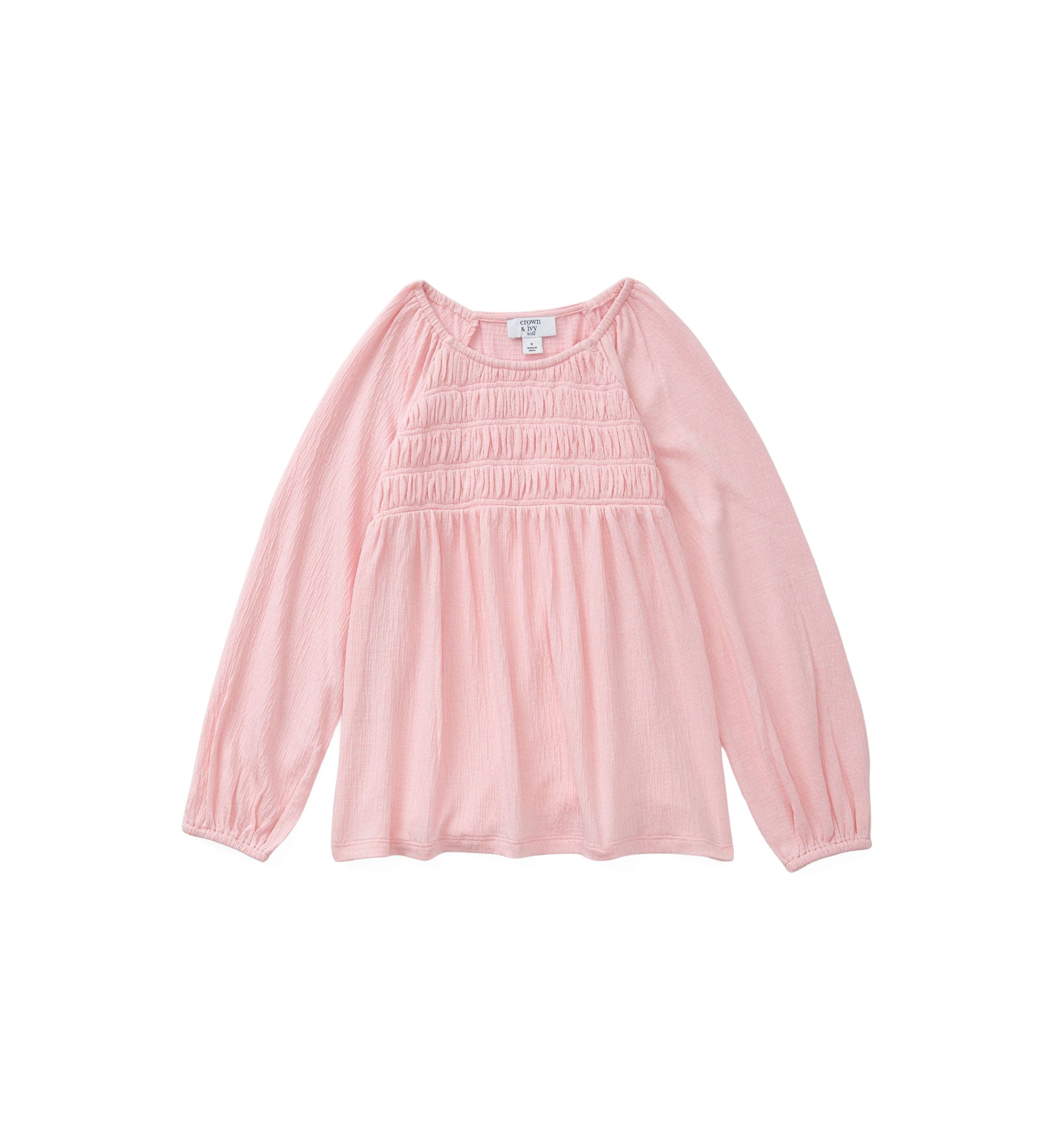 Girls 4-6x Long Sleeve Smocked Crinkle Knit Top