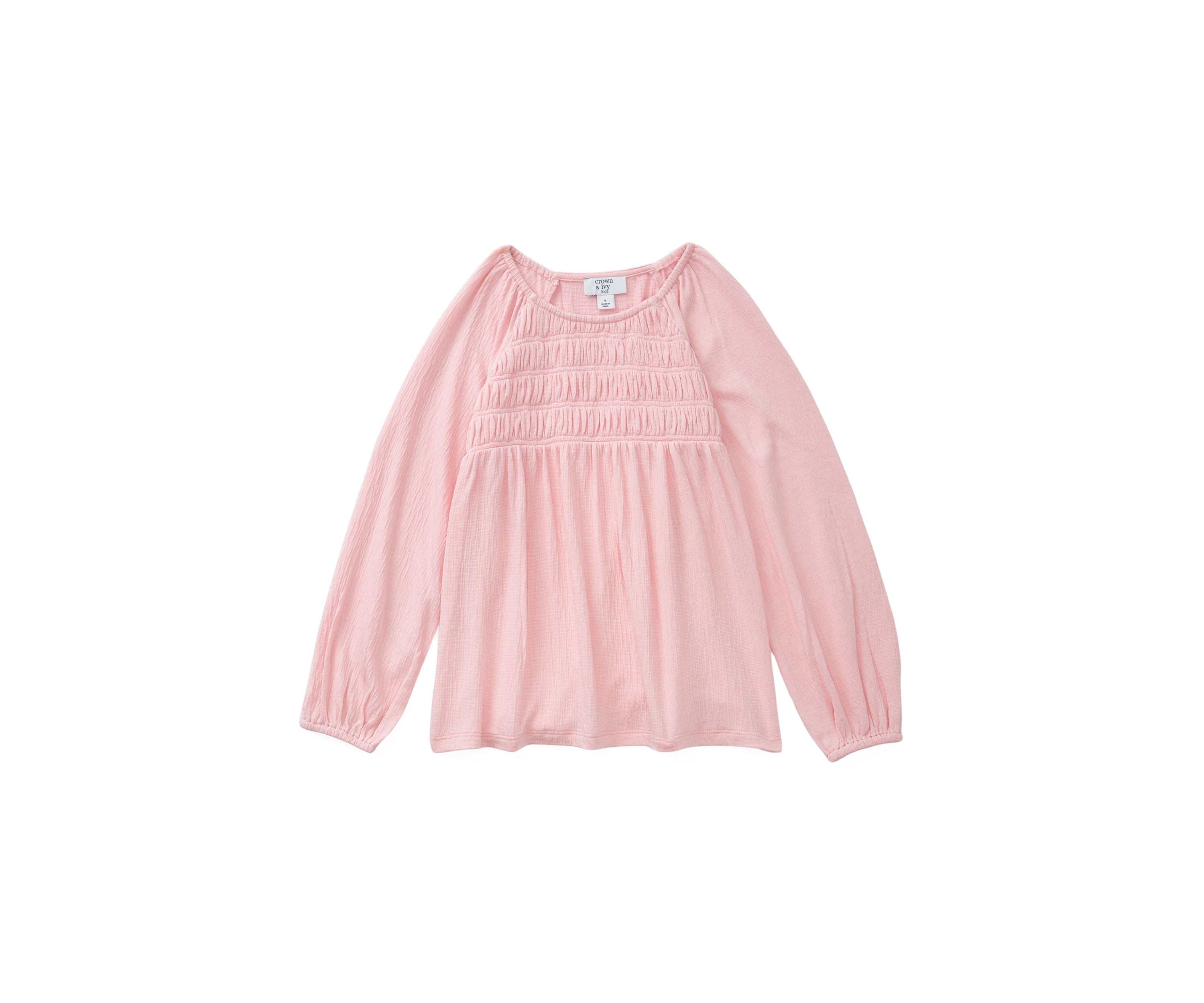 Girls 4-6x Long Sleeve Smocked Crinkle Knit Top
