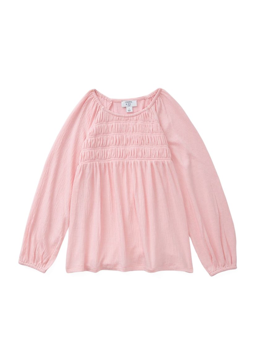Girls 4-6x Long Sleeve Smocked Crinkle Knit Top