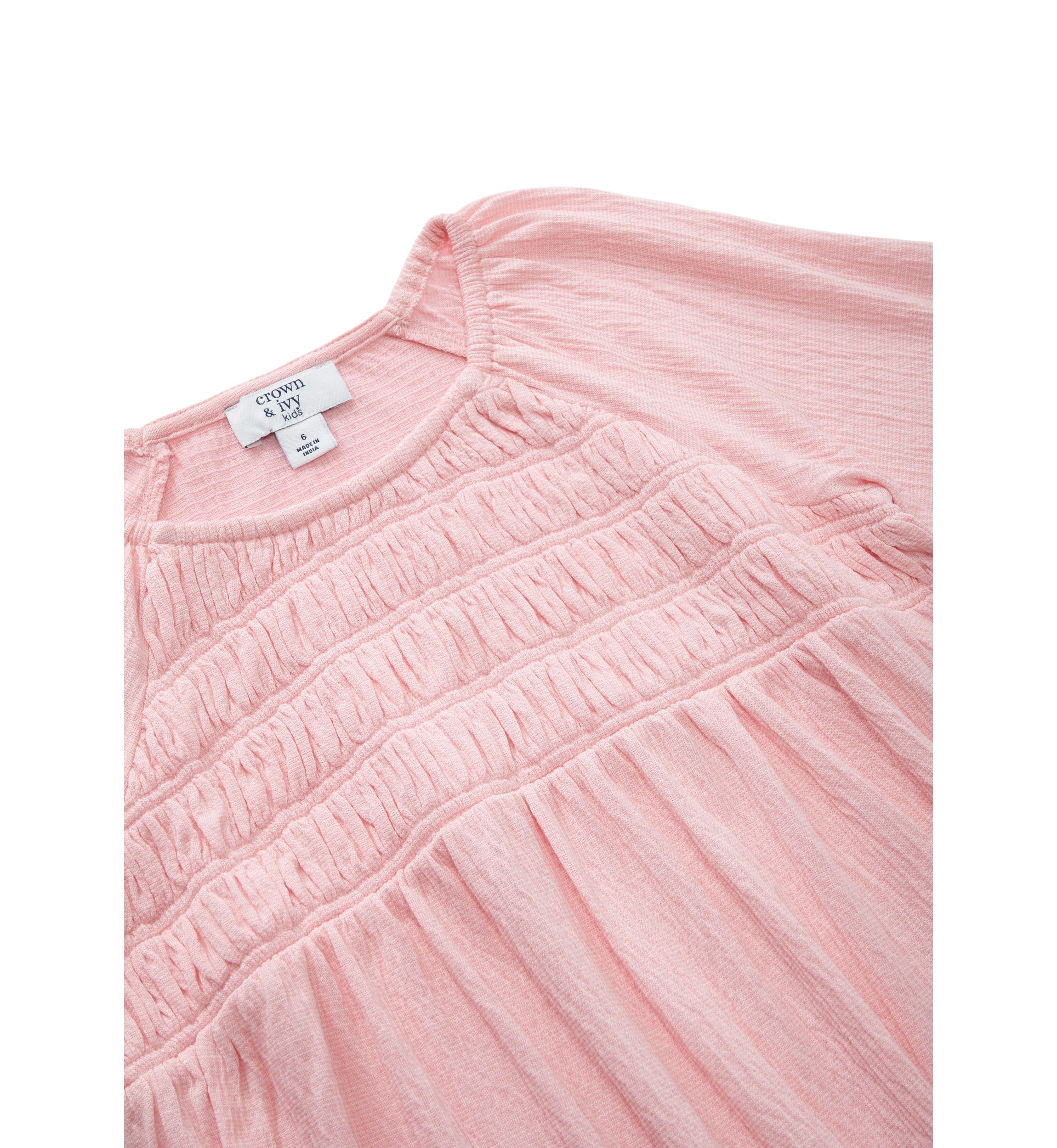 Girls 4-6x Long Sleeve Smocked Crinkle Knit Top