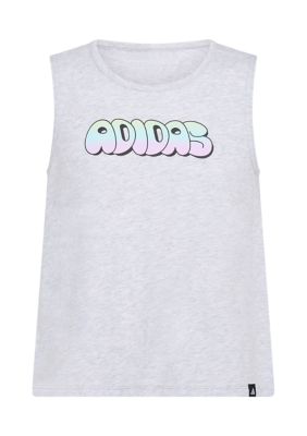 adidas Girls 7-16 Graphic Sleeveless Swing Heather Tank Top with Back Vent, Grey, XL