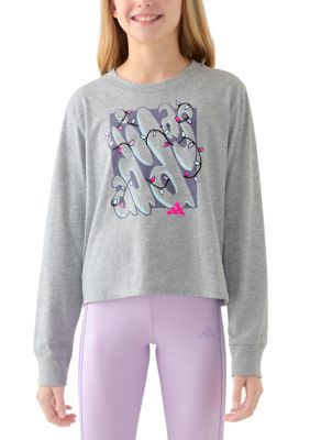 adidas Girls 7-16 Long Sleeve Regular Fit Heather T-Shirt, Grey, Medium