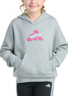 adidas Girls 7-16 Long Sleeve Heather Multi Graphic Fleece Pullover Hoodie, Grey, X-Large