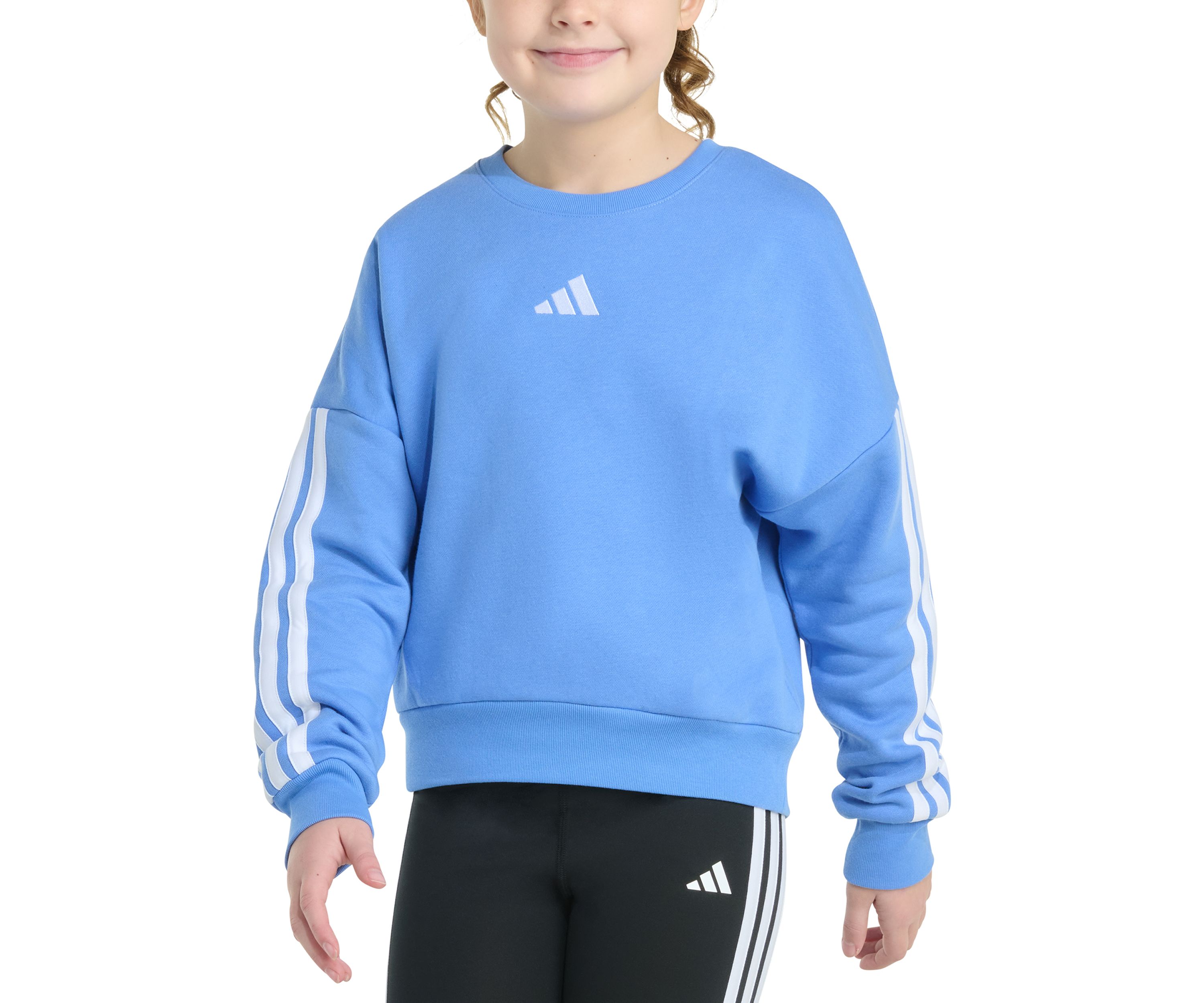 Girls 7-16 Long Sleeve 3-Stripes Crewneck Fleece Pullover Sweatshirt