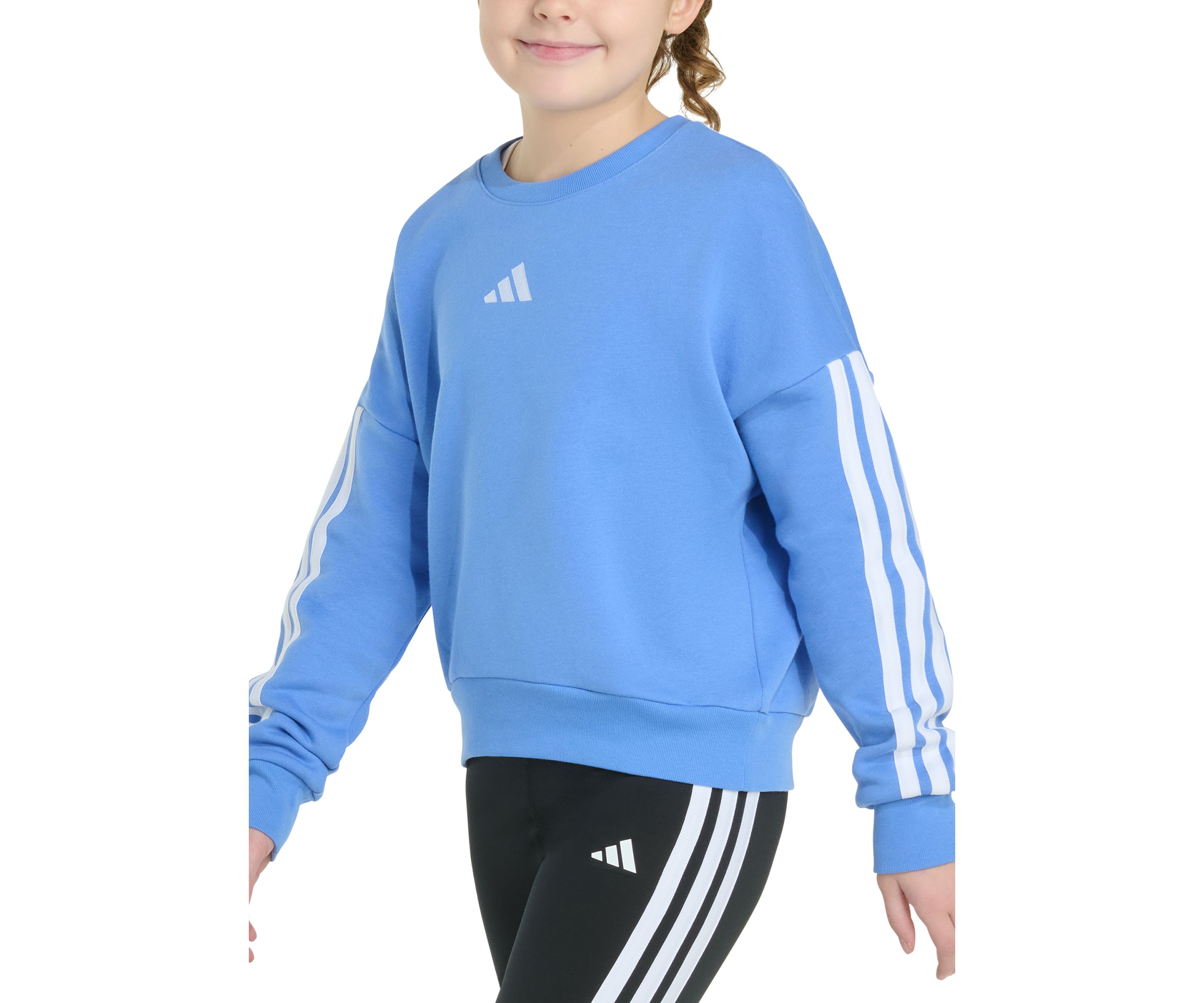 Girls 7-16 Long Sleeve 3-Stripes Crewneck Fleece Pullover Sweatshirt