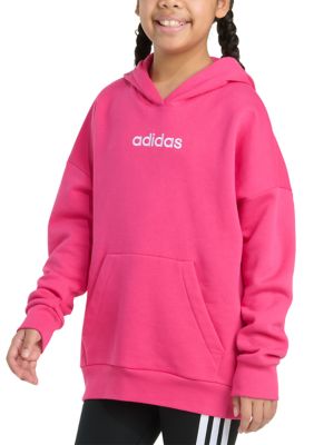 adidas Girls 7-16 Long Sleeve Embroidered Linear Fleece Pullover Hoodie, Pink, Small