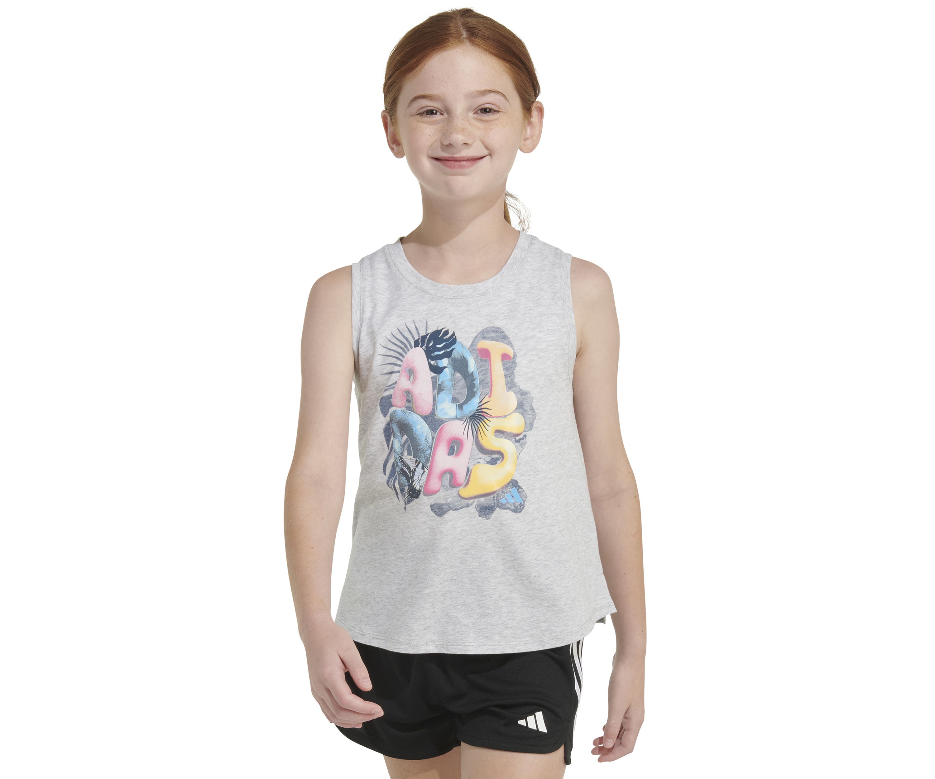 Girls 7-16 Sleeveless Waist Length Graphic Heather Tank Top