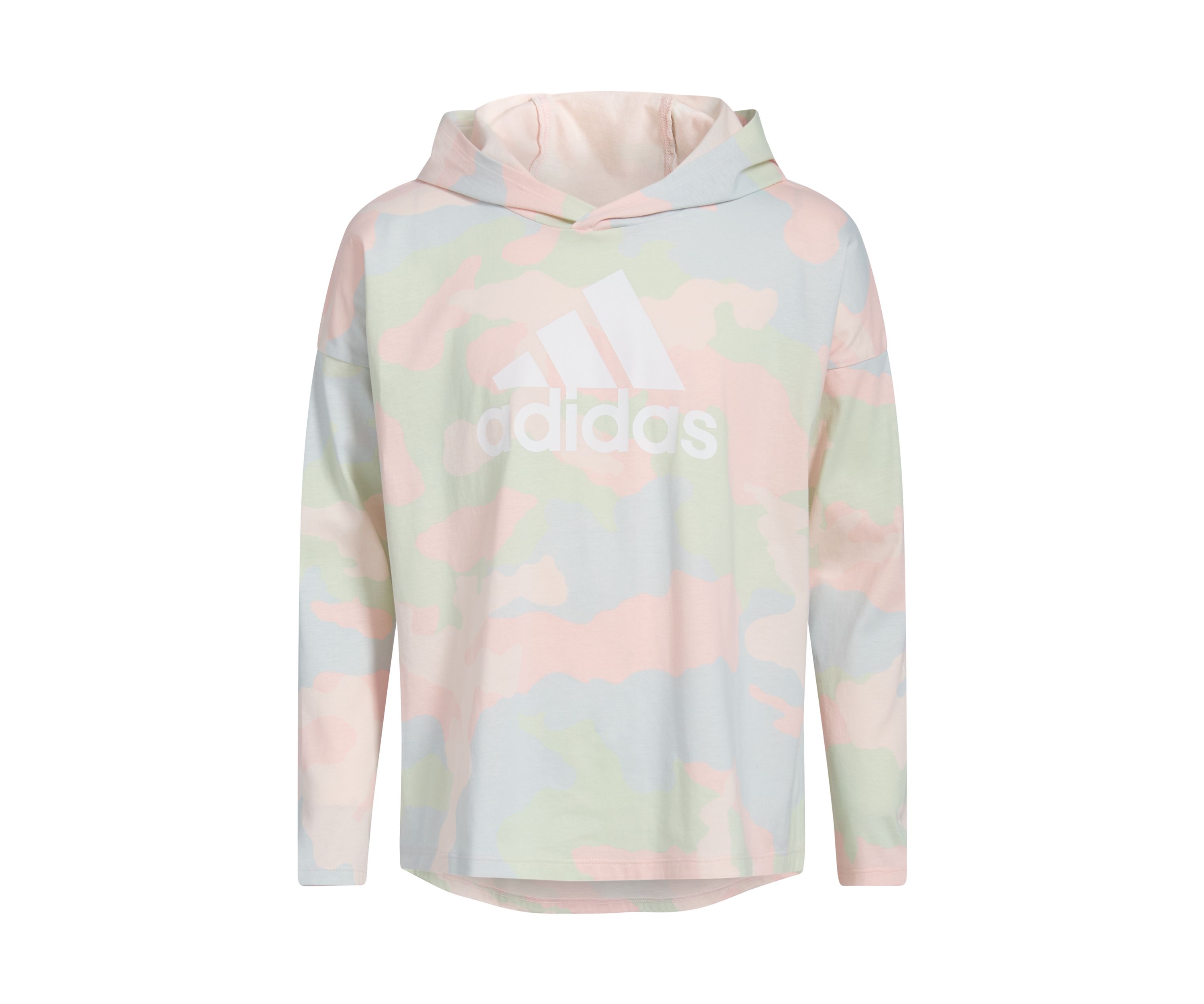Girls 7-16 Long Sleeve Printed Curved Hem Hooded T-Shirt