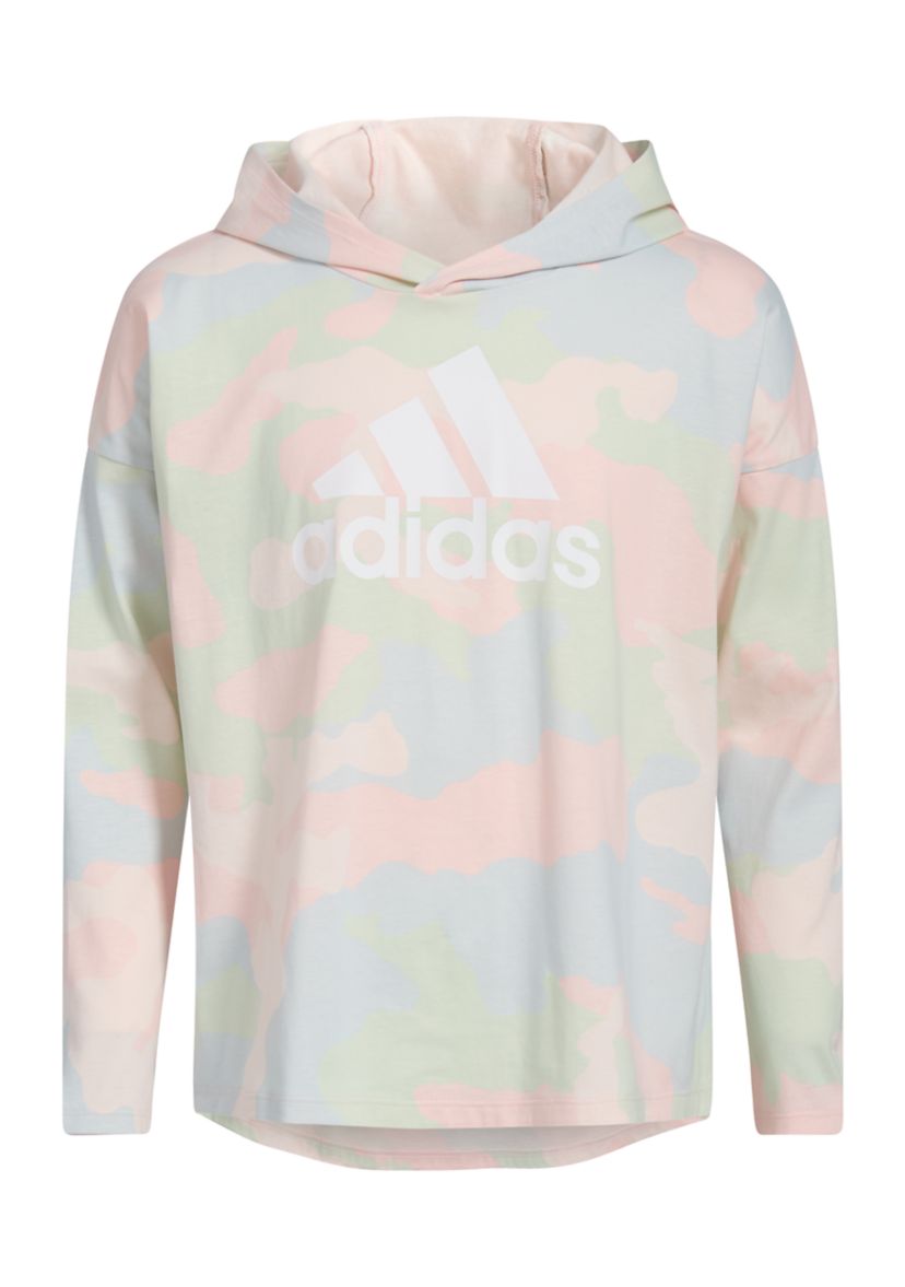 Girls 7-16 Long Sleeve Printed Curved Hem Hooded T-Shirt