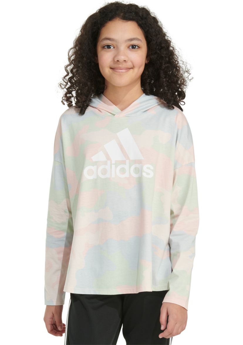 Girls 7-16 Long Sleeve Printed Curved Hem Hooded T-Shirt