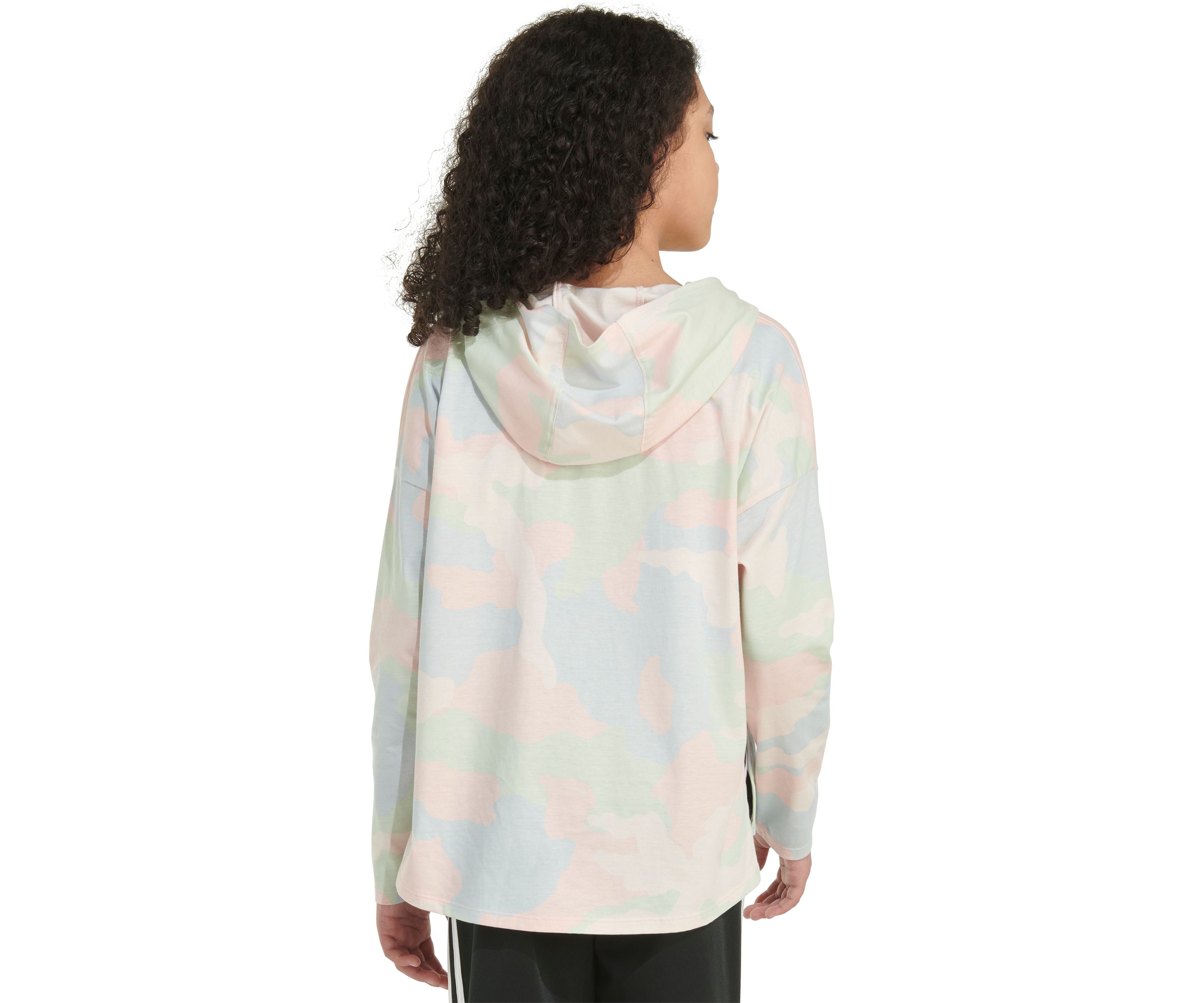 Girls 7-16 Long Sleeve Printed Curved Hem Hooded T-Shirt