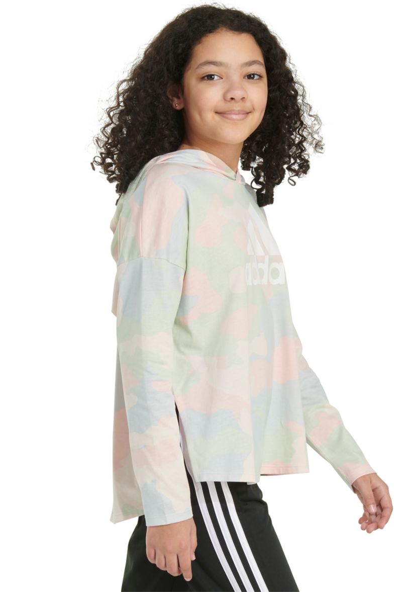 Girls 7-16 Long Sleeve Printed Curved Hem Hooded T-Shirt