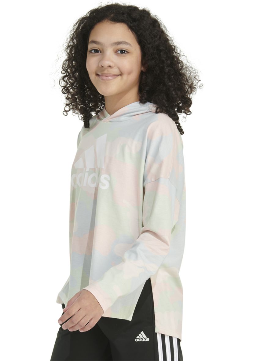 Girls 7-16 Long Sleeve Printed Curved Hem Hooded T-Shirt