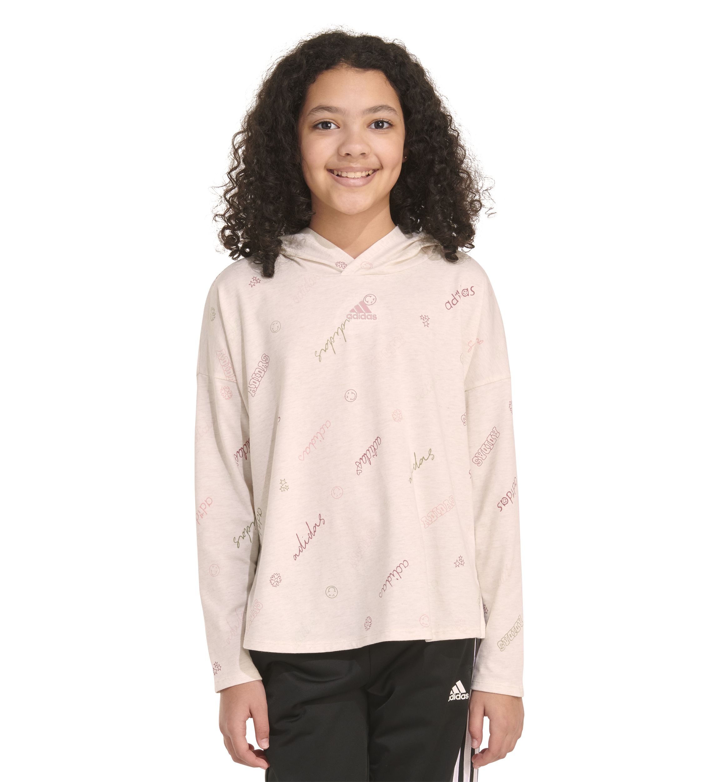 Girls 7-16 Long Sleeve Printed Curve Hem Hooded T-Shirt