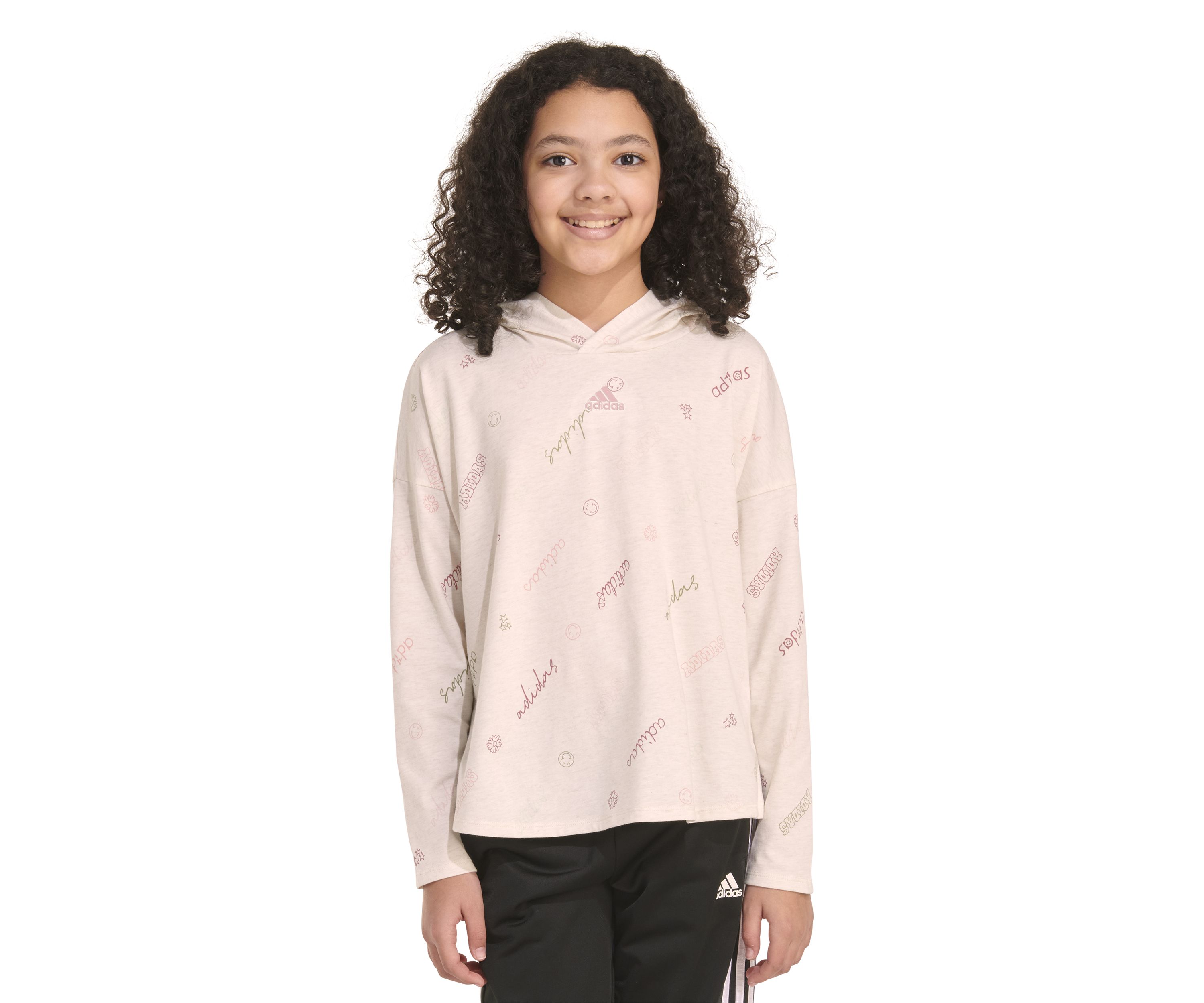 Girls 7-16 Long Sleeve Printed Curve Hem Hooded T-Shirt