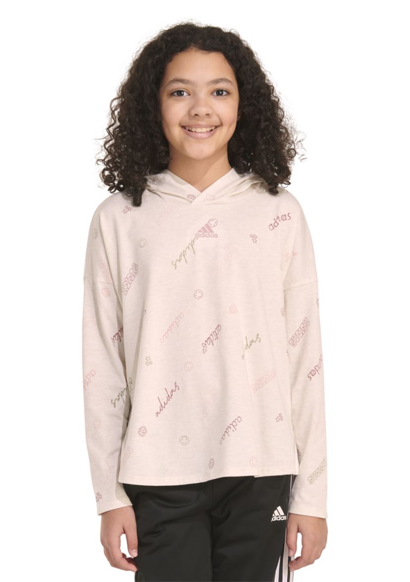 Girls 7-16 Long Sleeve Printed Curve Hem Hooded T-Shirt