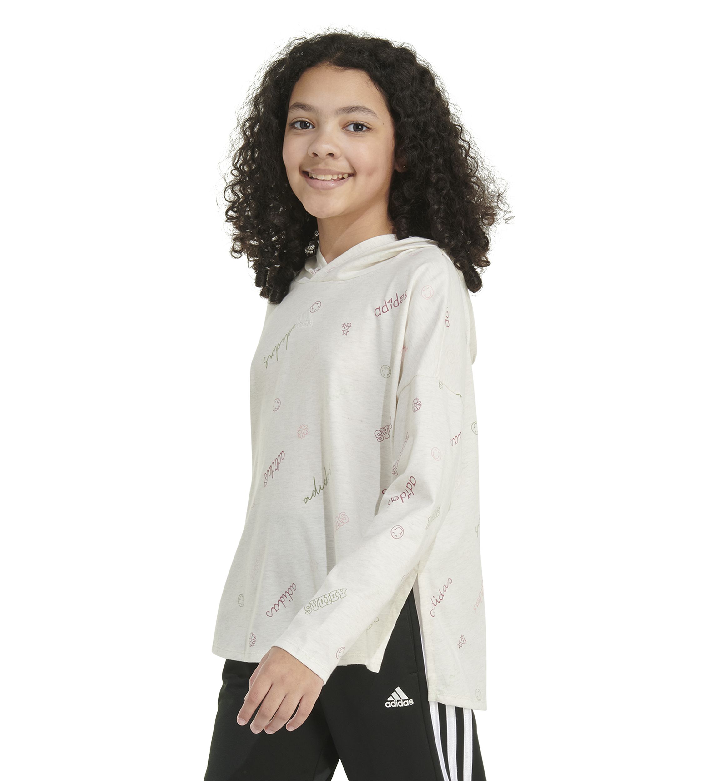 Girls 7-16 Long Sleeve Printed Curve Hem Hooded T-Shirt