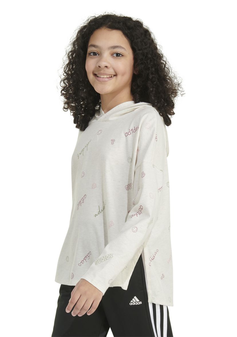 Girls 7-16 Long Sleeve Printed Curve Hem Hooded T-Shirt