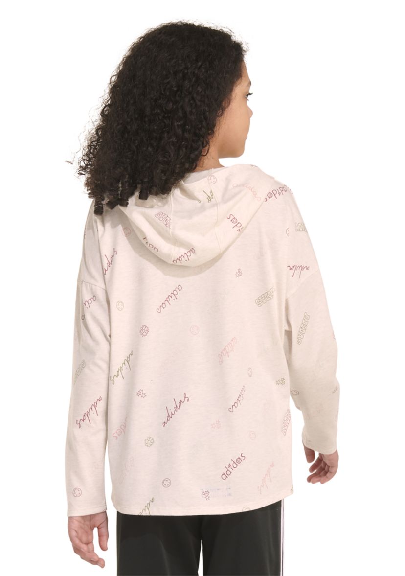 Girls 7-16 Long Sleeve Printed Curve Hem Hooded T-Shirt