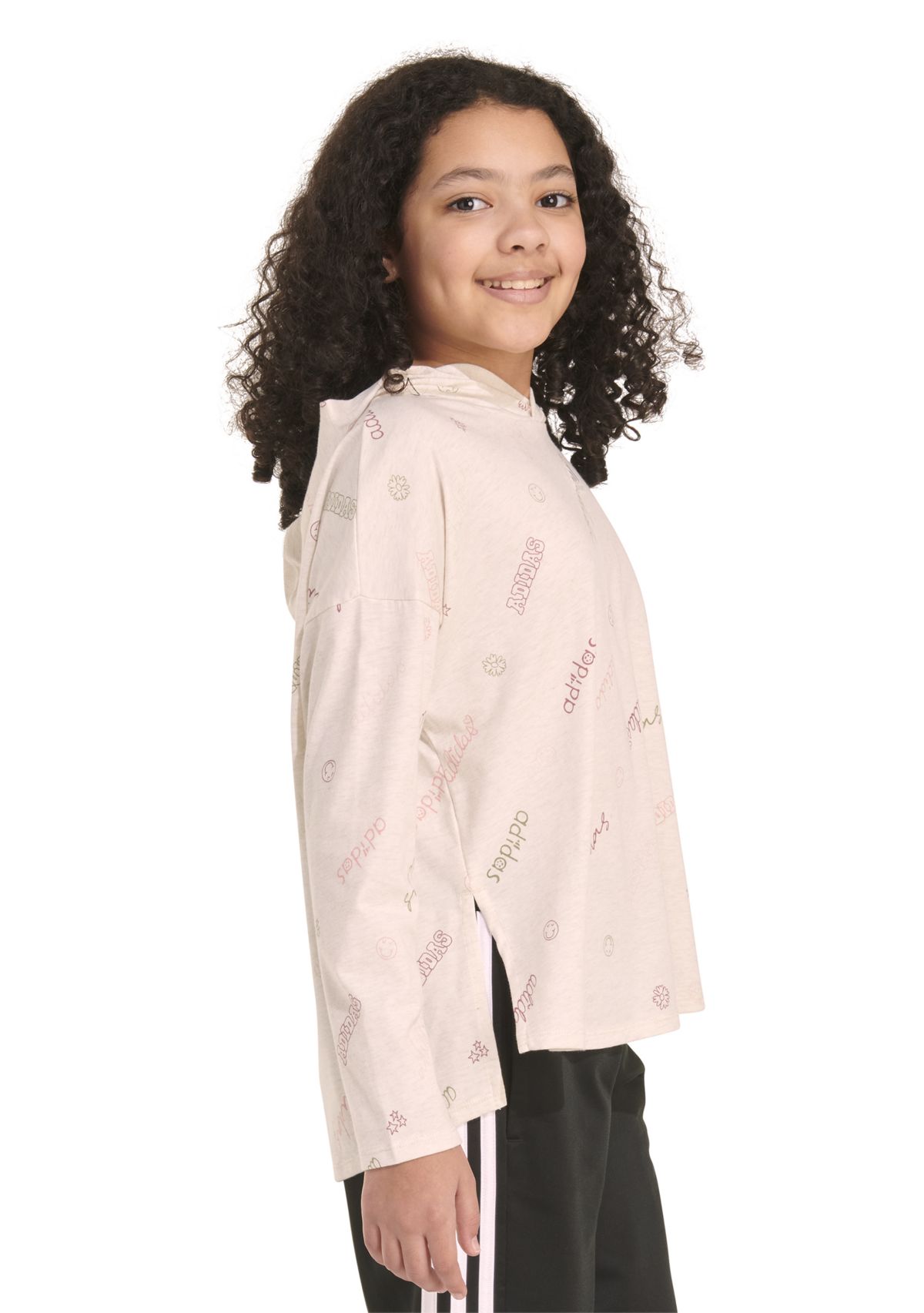 Girls 7-16 Long Sleeve Printed Curve Hem Hooded T-Shirt